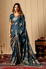 Elegant Teal Blue  Satin  Silk Saree with Silver Zari Motifs and Richly Woven Traditional Pallu
