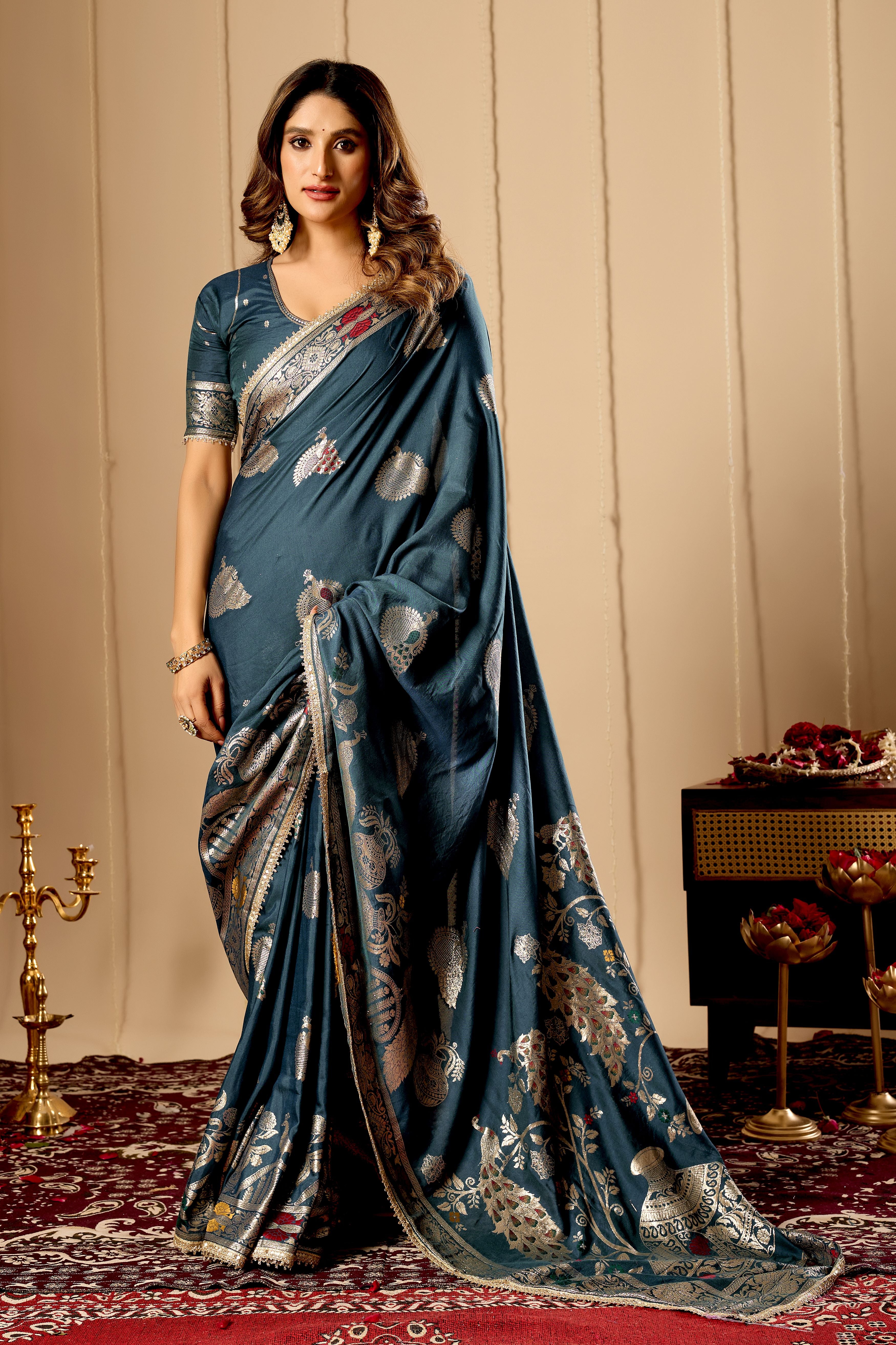 Elegant Teal Blue  Satin  Silk Saree with Silver Zari Motifs and Richly Woven Traditional Pallu