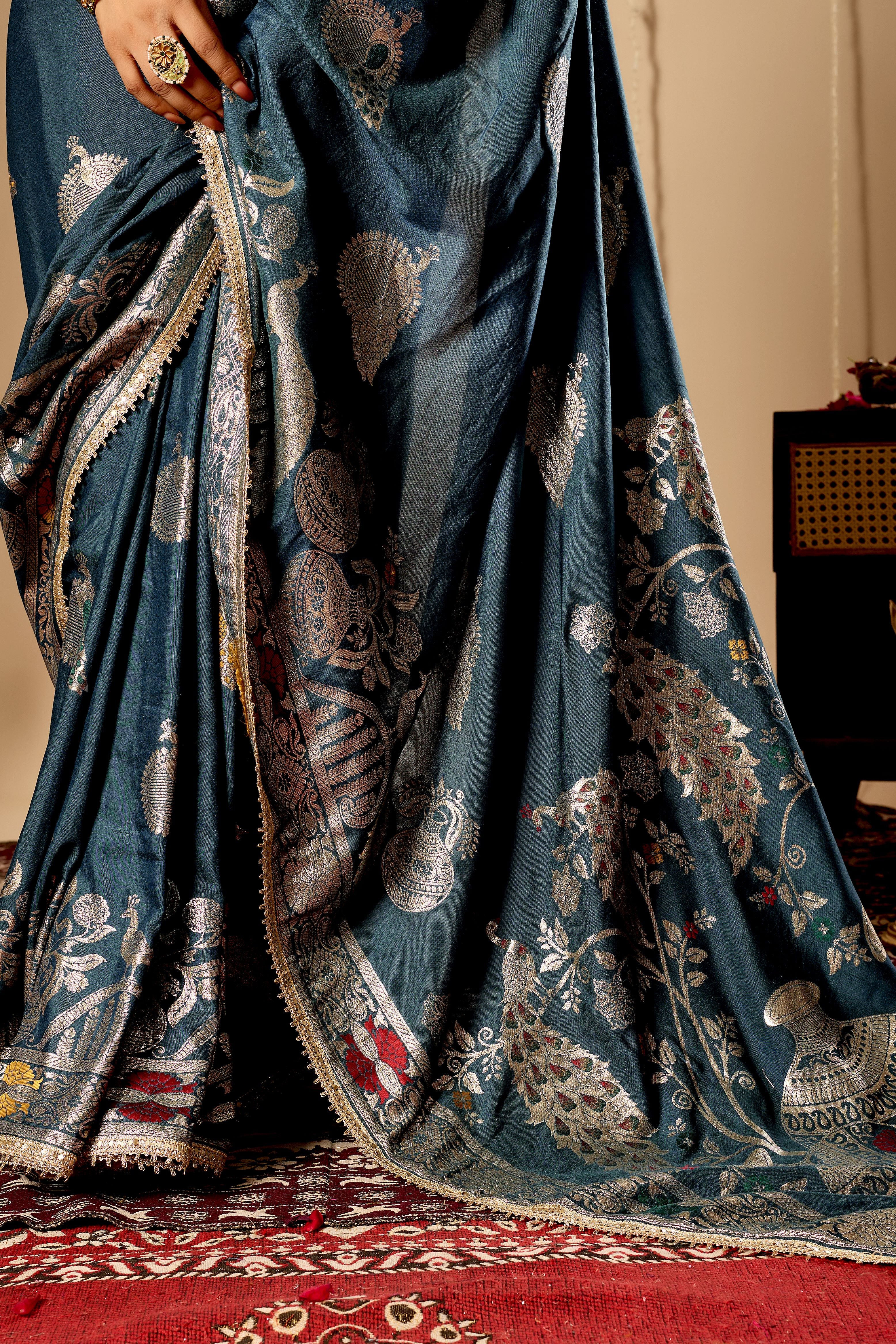 Elegant Teal Blue  Satin  Silk Saree with Silver Zari Motifs and Richly Woven Traditional Pallu