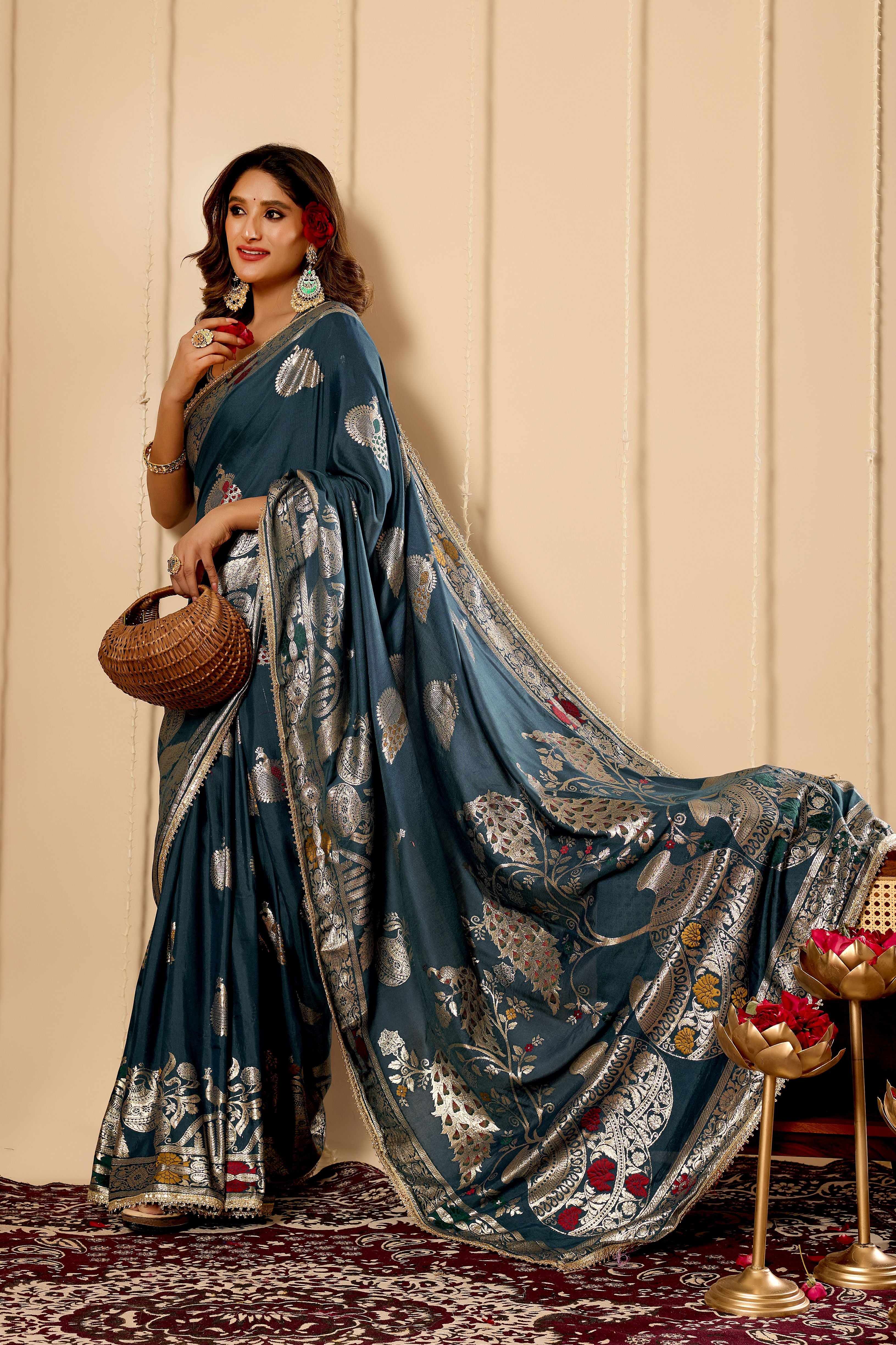 Elegant Teal Blue  Satin  Silk Saree with Silver Zari Motifs and Richly Woven Traditional Pallu