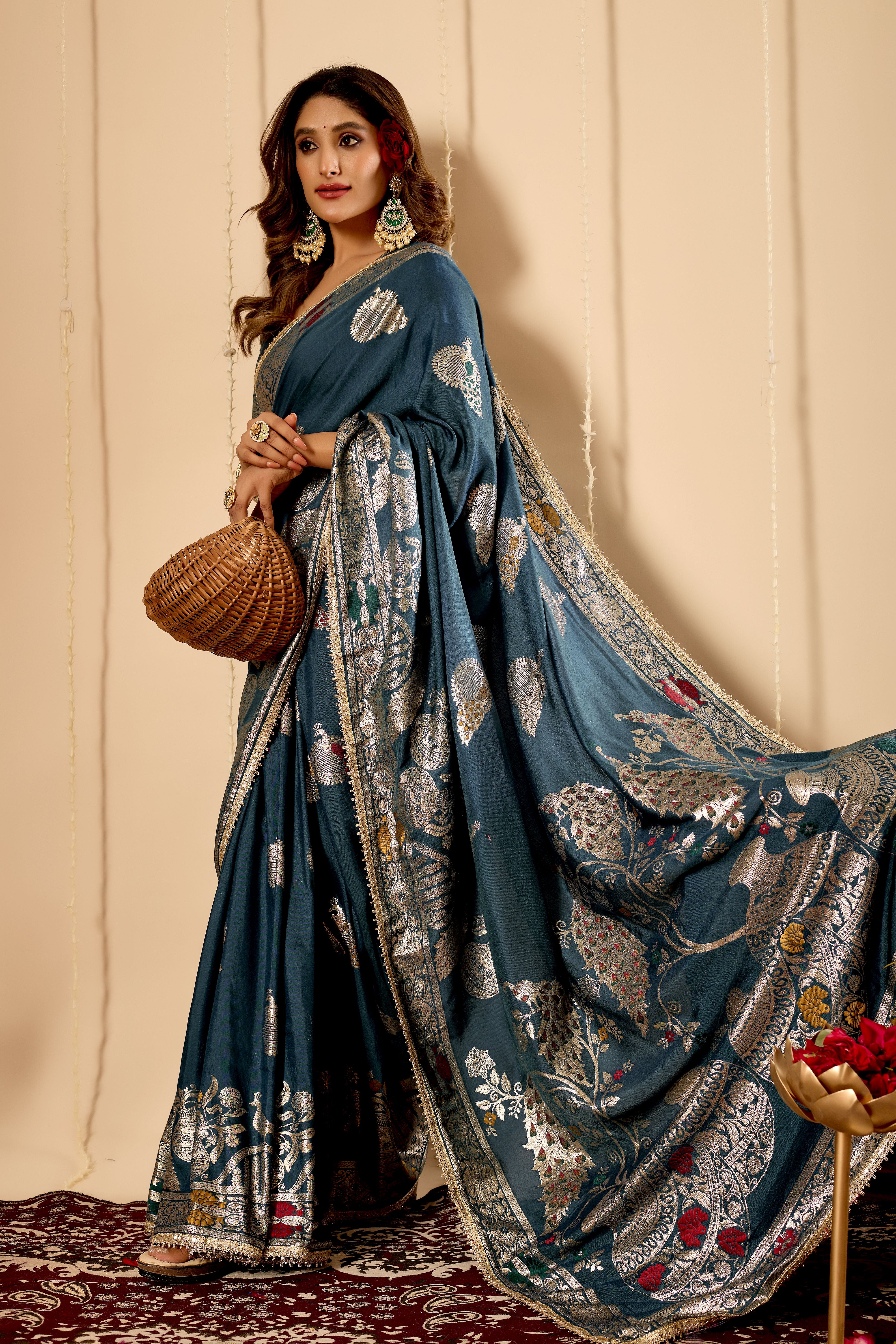 Elegant Teal Blue  Satin  Silk Saree with Silver Zari Motifs and Richly Woven Traditional Pallu