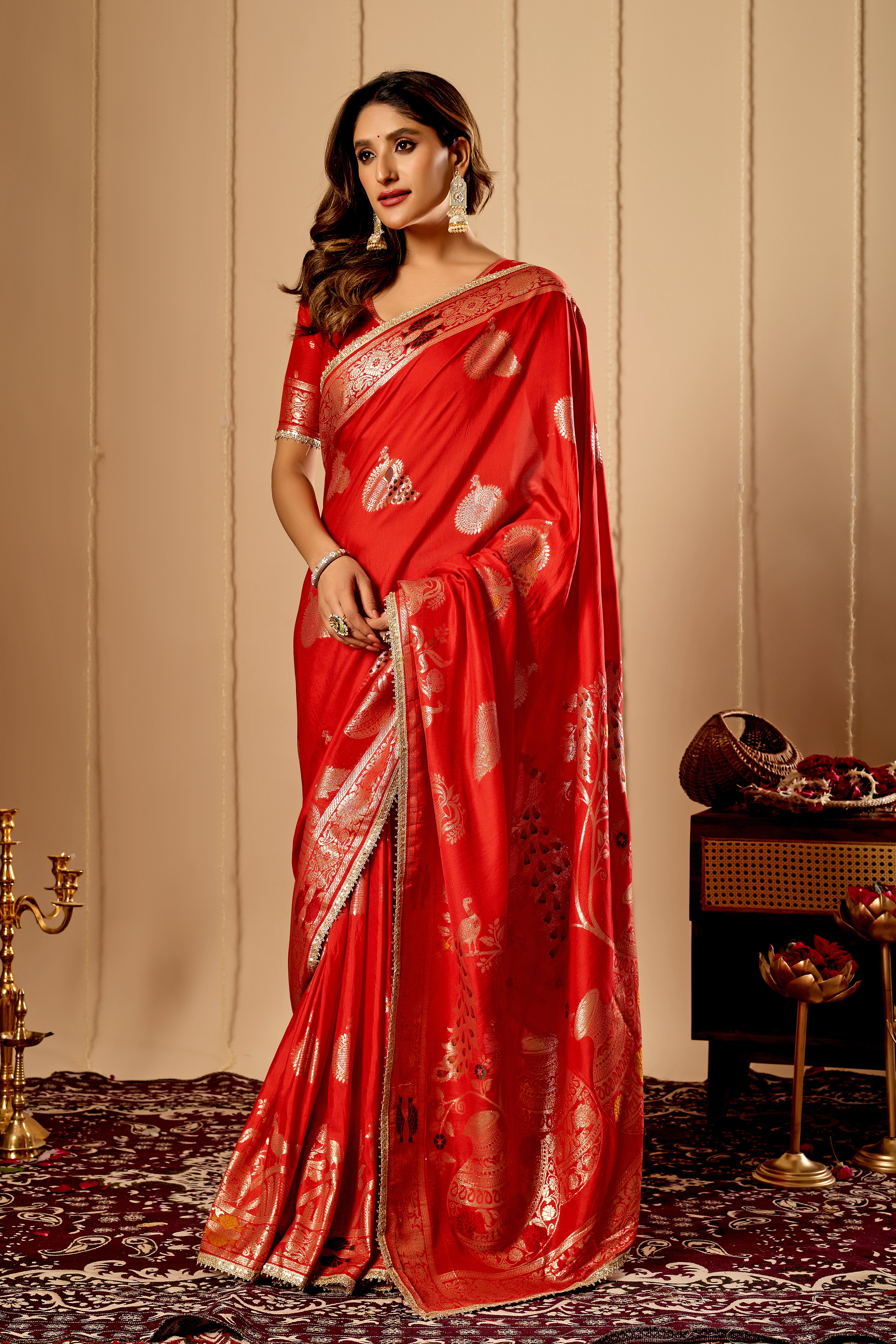 Classic Crimson Red satin Silk Saree with Antique Gold Zari Weaving