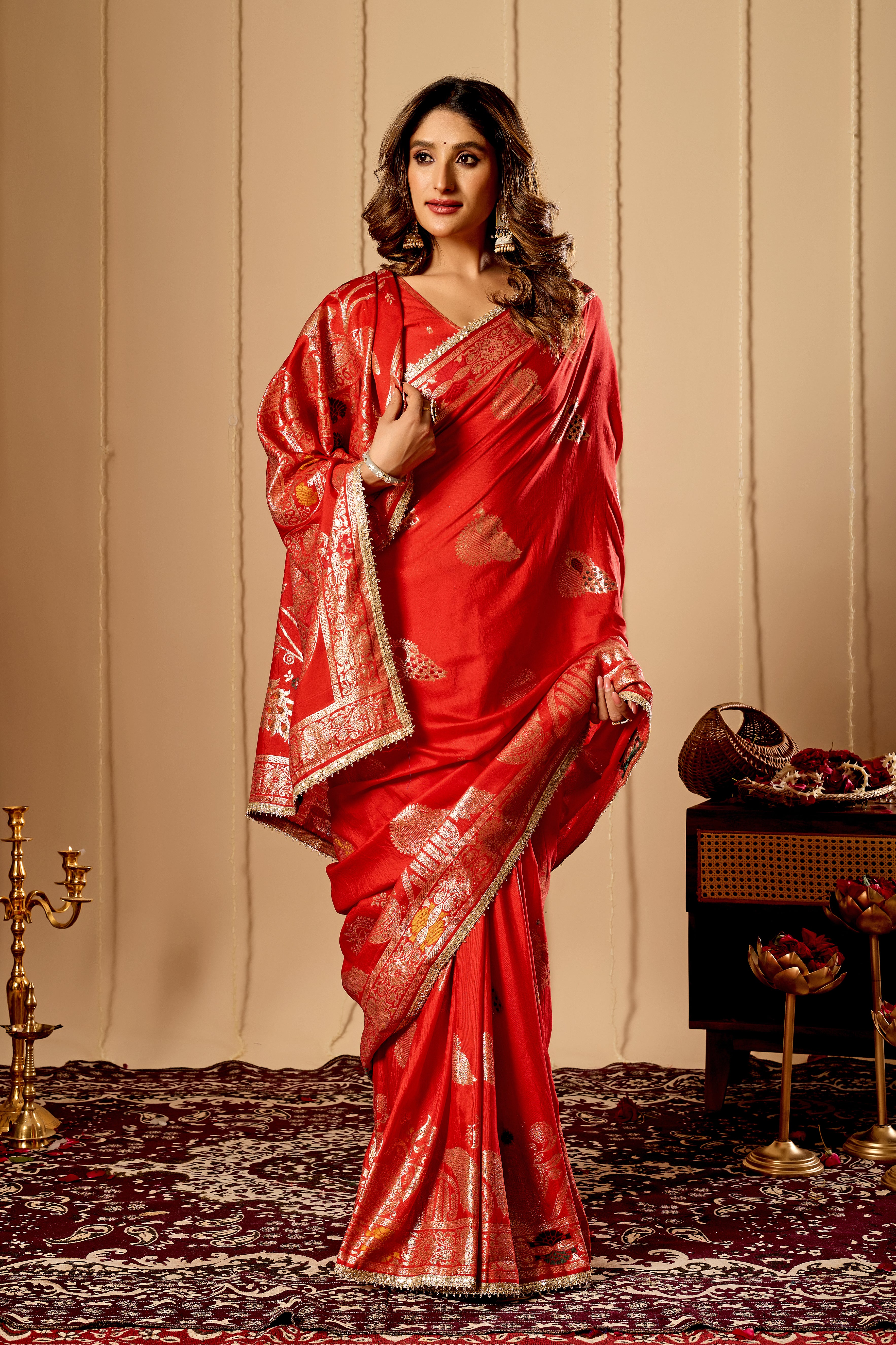 Classic Crimson Red satin Silk Saree with Antique Gold Zari Weaving