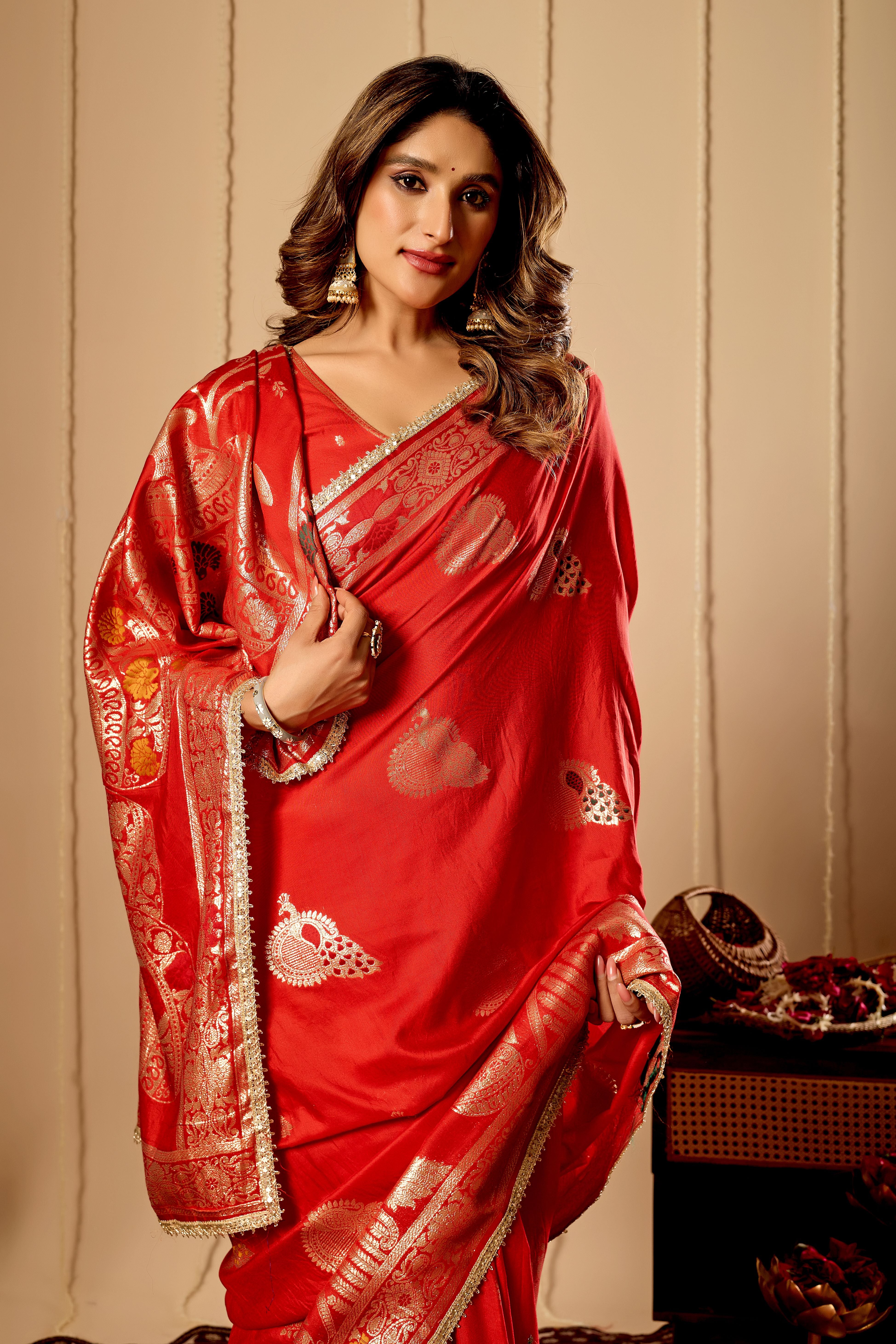 Classic Crimson Red satin Silk Saree with Antique Gold Zari Weaving