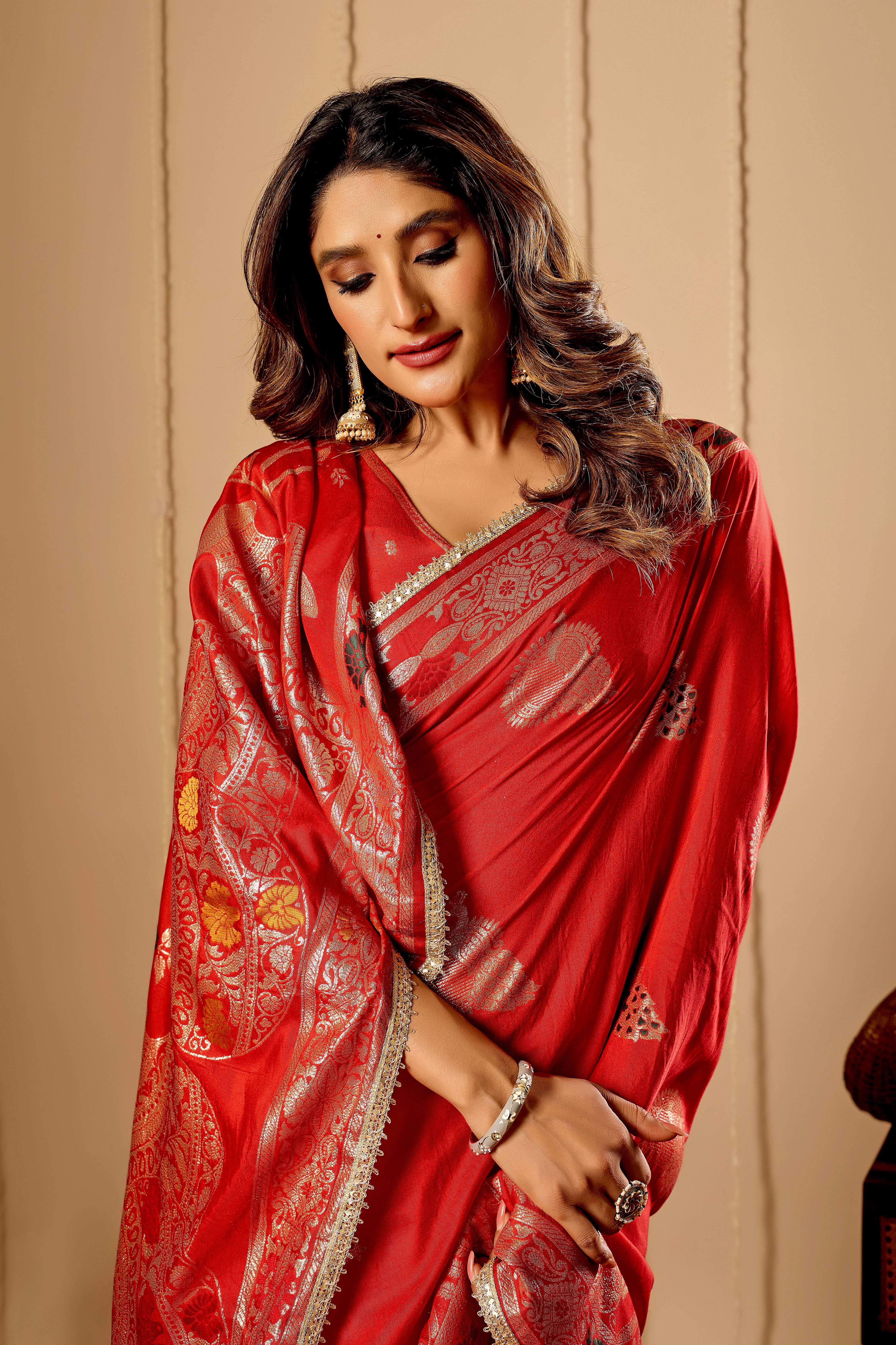 Classic Crimson Red satin Silk Saree with Antique Gold Zari Weaving