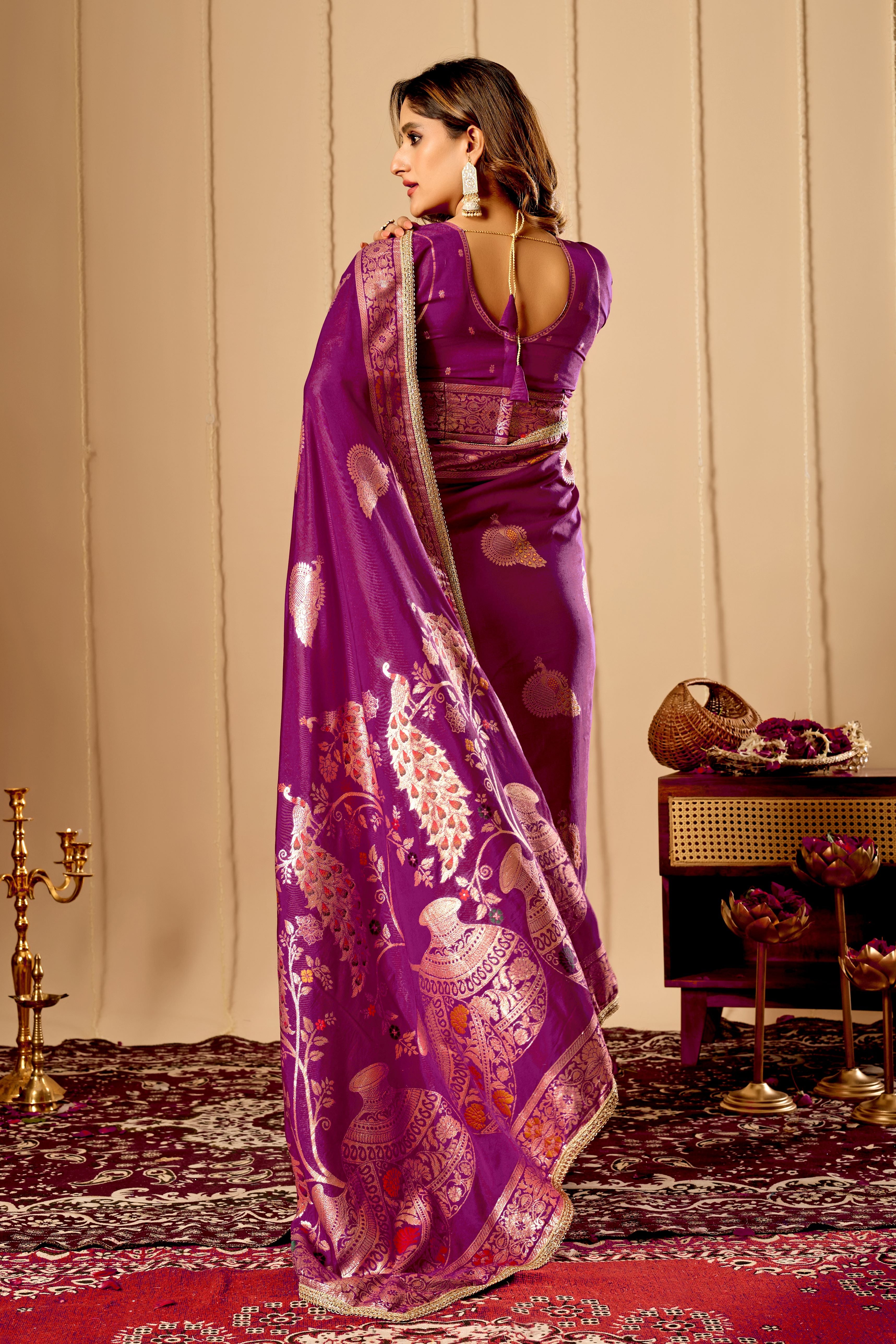 Royal Wine Purple satin Silk Saree with Antique Gold & Crimson Zari Motifs