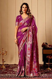 Royal Wine Purple satin Silk Saree with Antique Gold & Crimson Zari Motifs