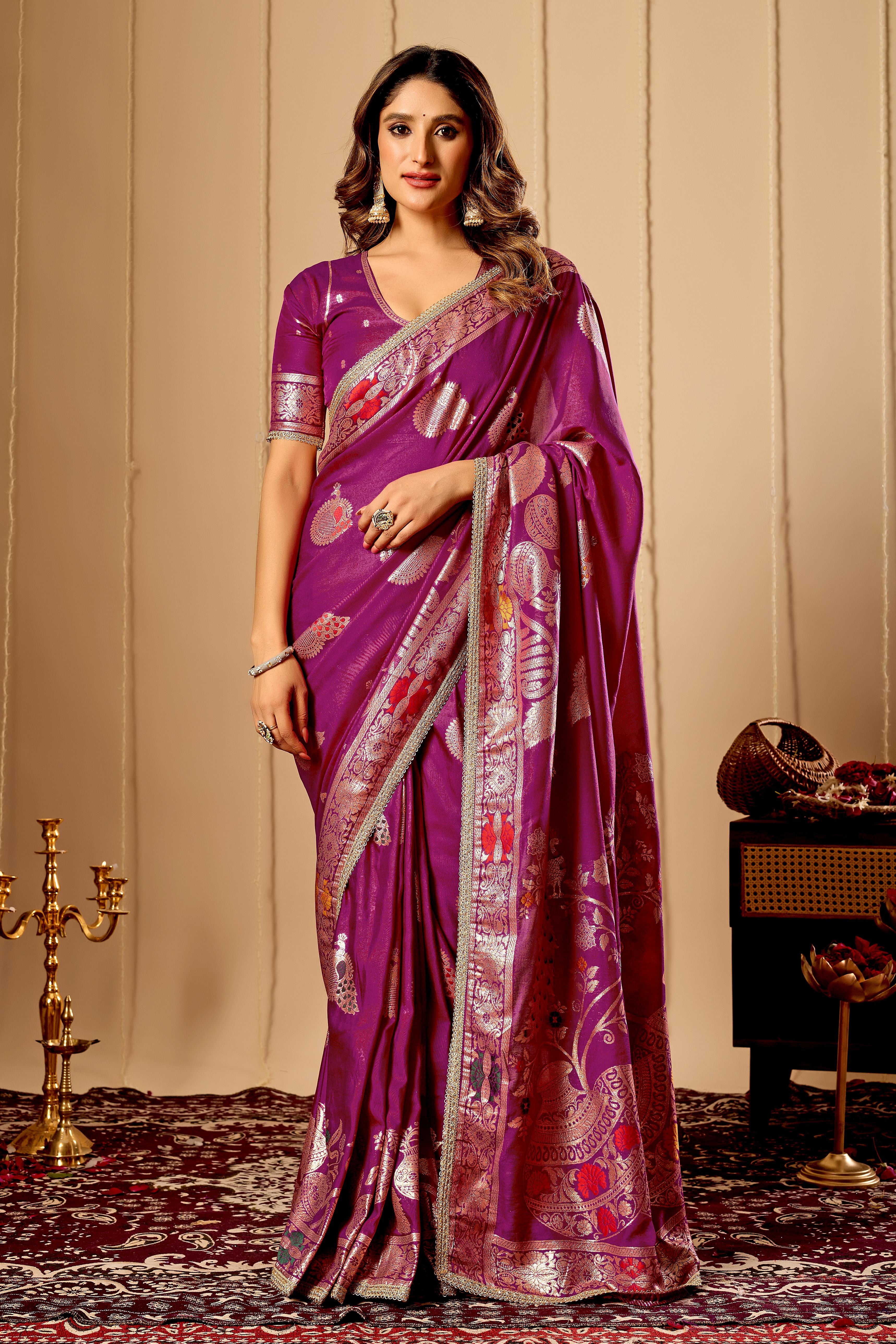 Royal Wine Purple satin Silk Saree with Antique Gold & Crimson Zari Motifs
