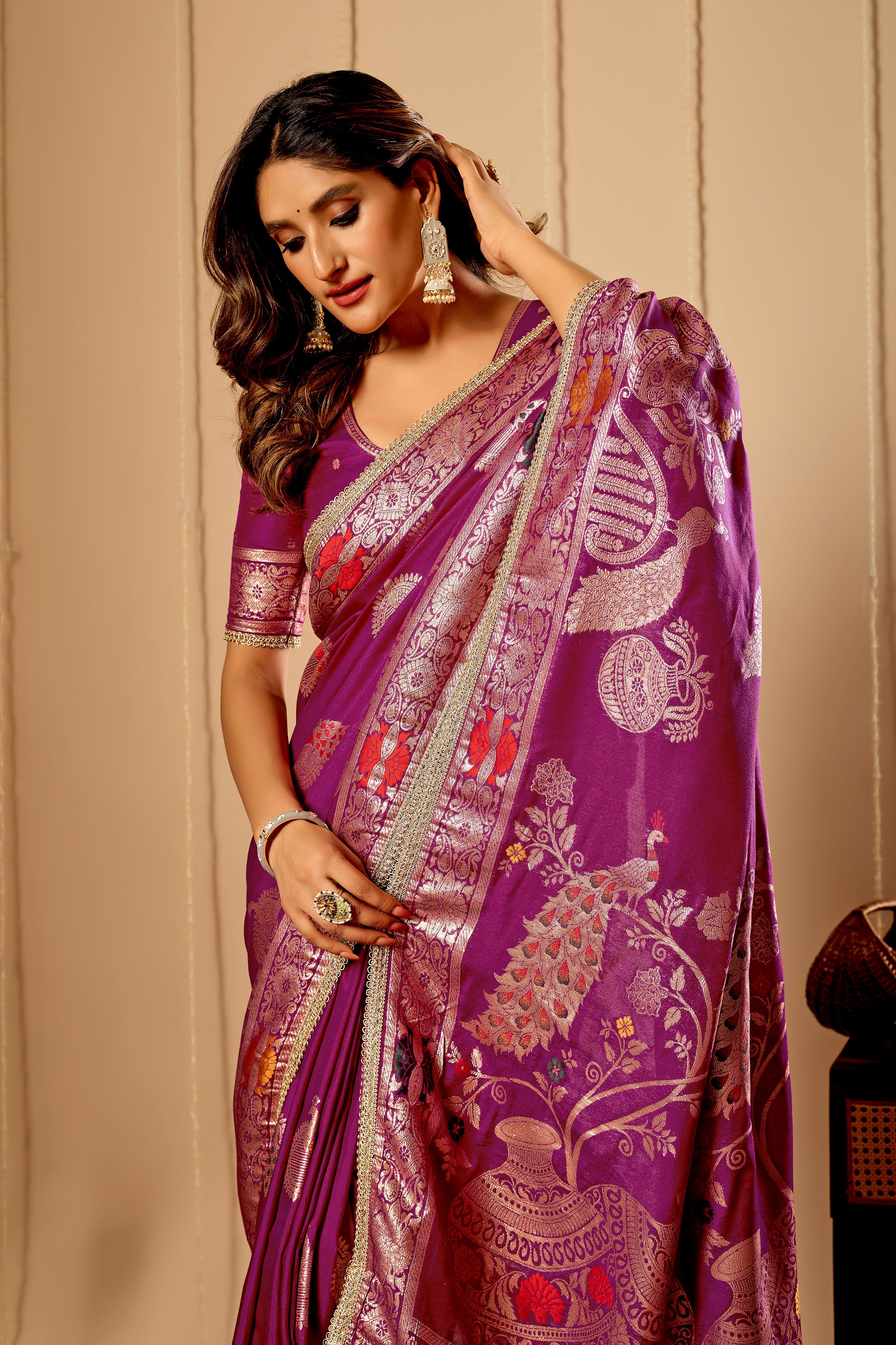 Royal Wine Purple satin Silk Saree with Antique Gold & Crimson Zari Motifs
