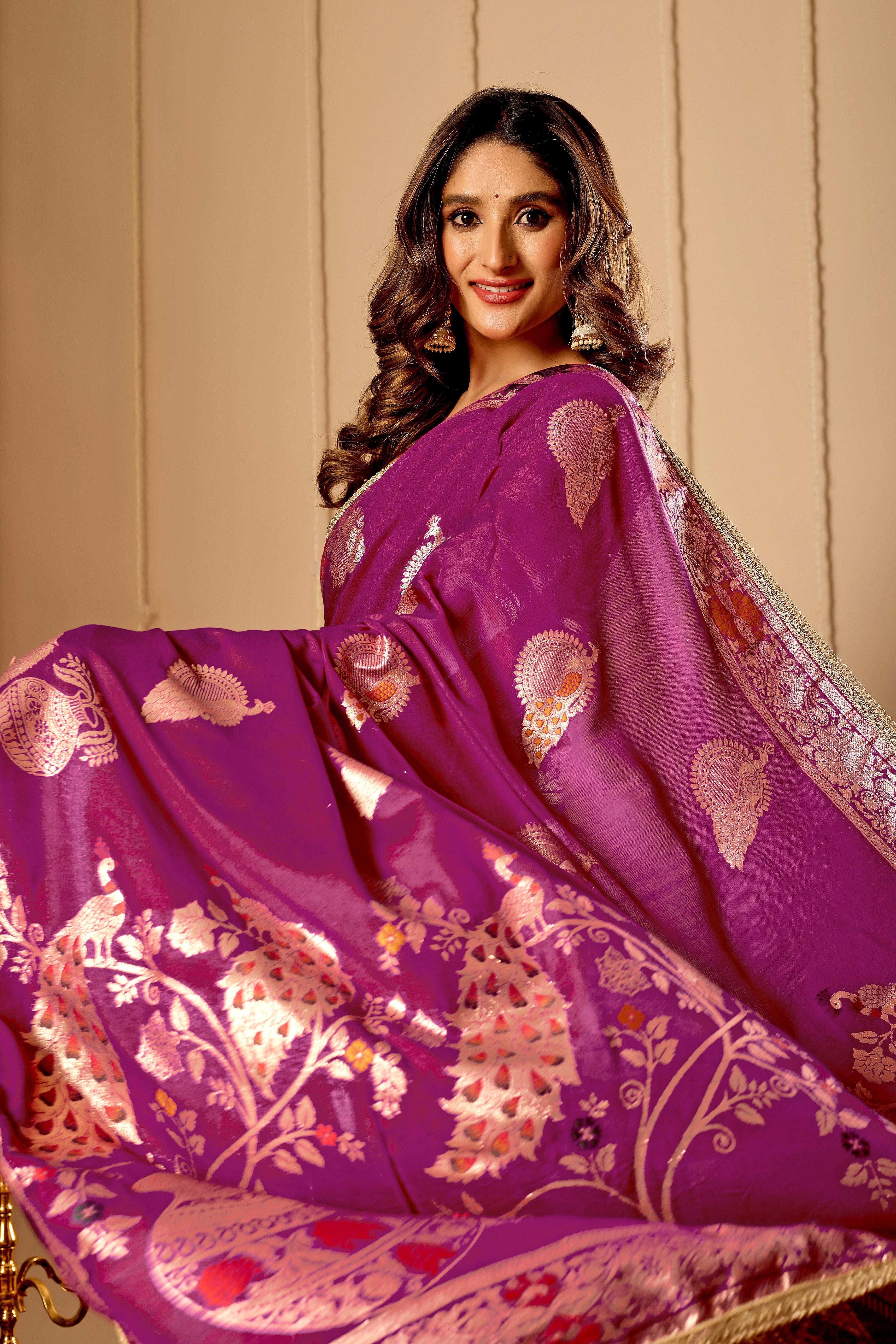 Royal Wine Purple satin Silk Saree with Antique Gold & Crimson Zari Motifs