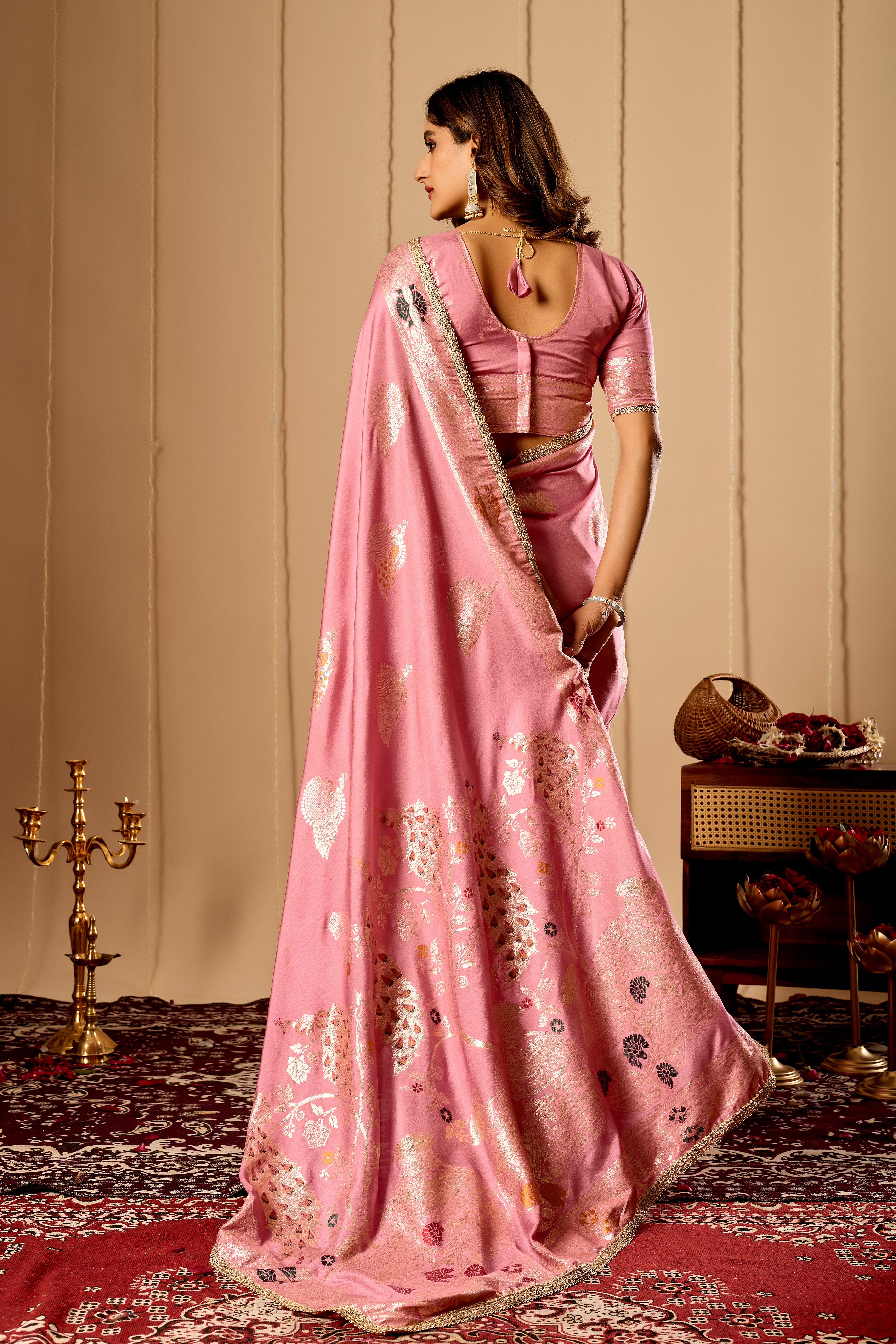 Soft Blush Pink  Satin Silk Saree with Antique Gold Zari Motifs