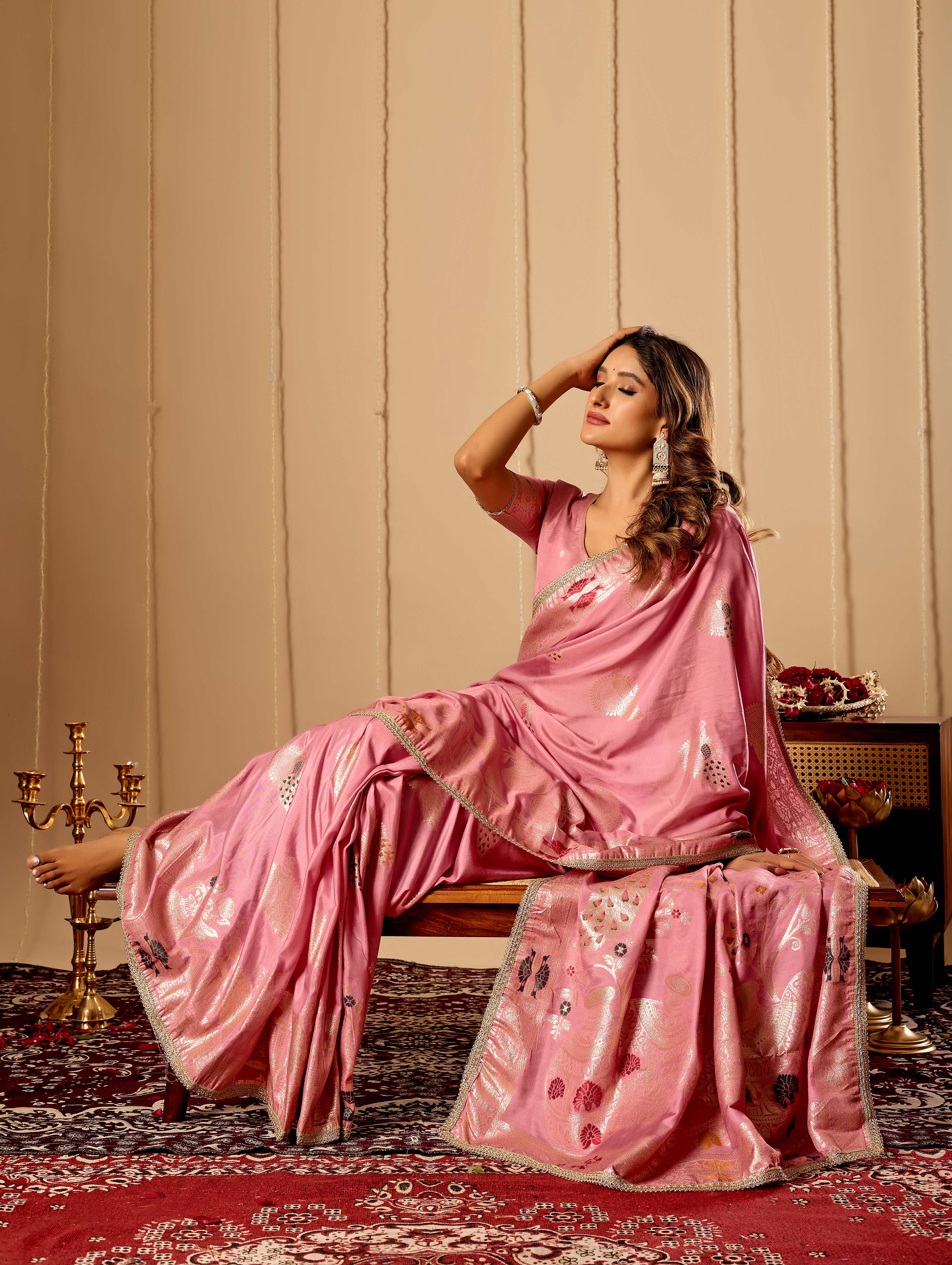 Soft Blush Pink  Satin Silk Saree with Antique Gold Zari Motifs