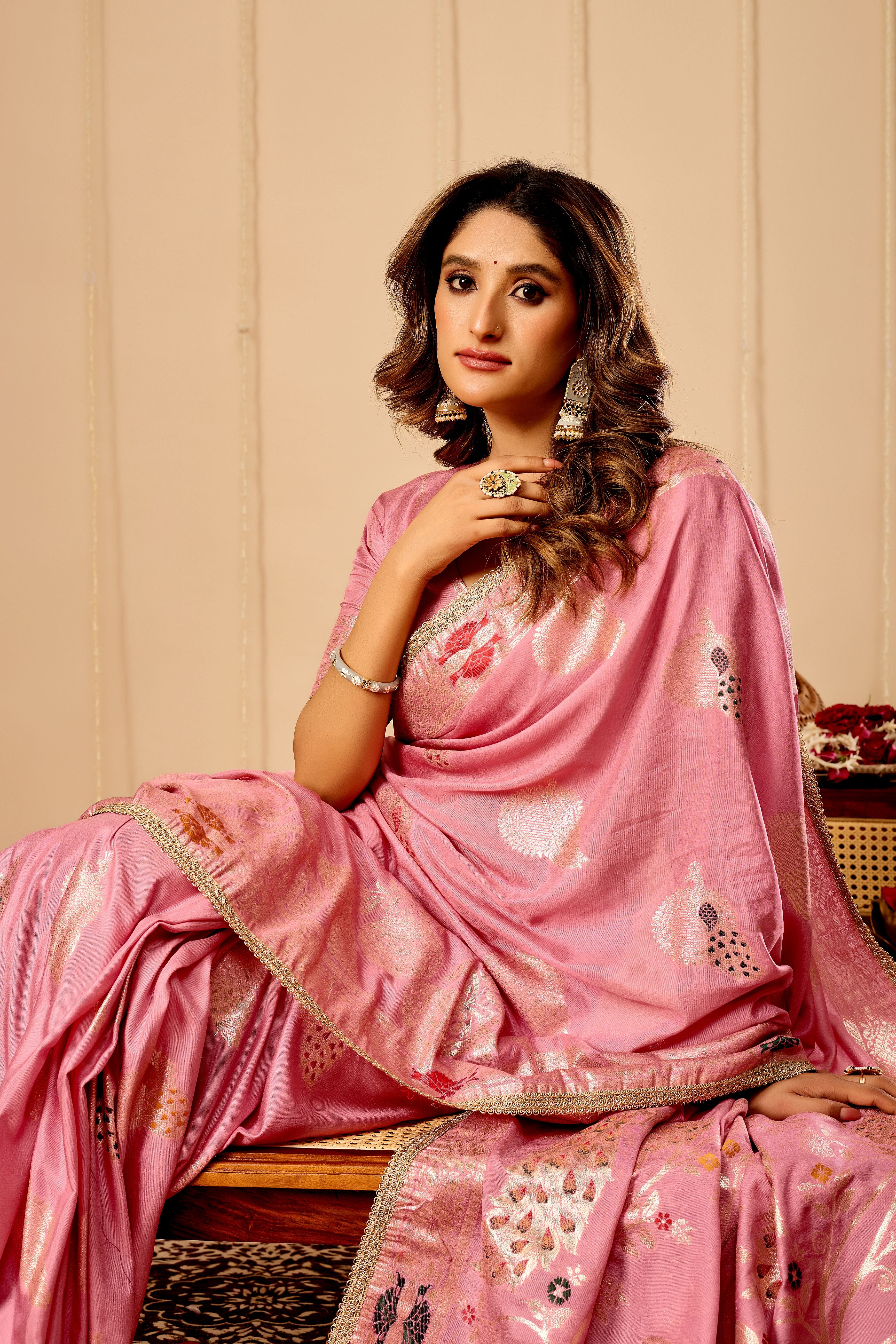 Soft Blush Pink  Satin Silk Saree with Antique Gold Zari Motifs