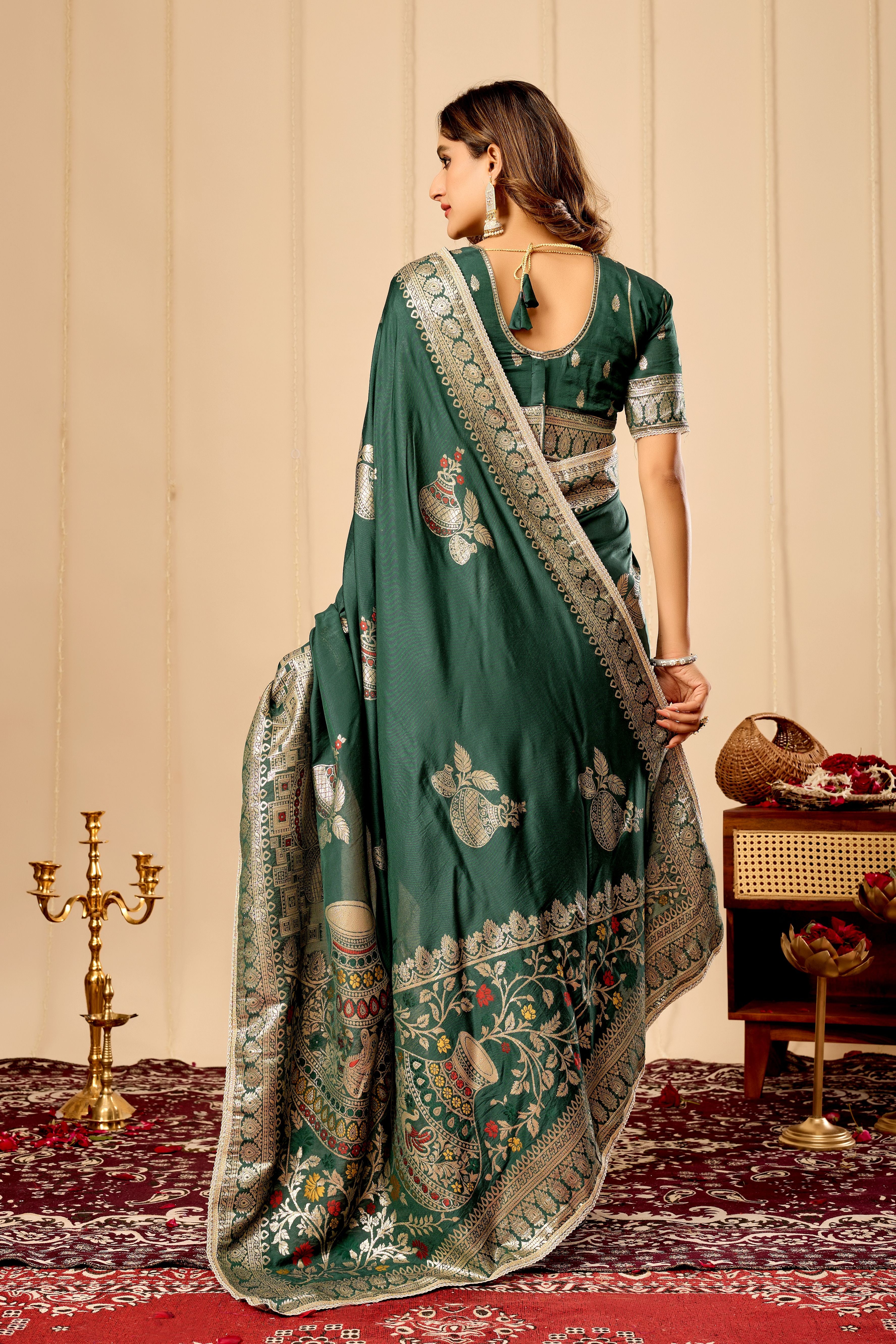 Emerald green satin silk saree for Weddings and Festive Wear