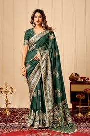 Emerald green satin silk saree for Weddings and Festive Wear