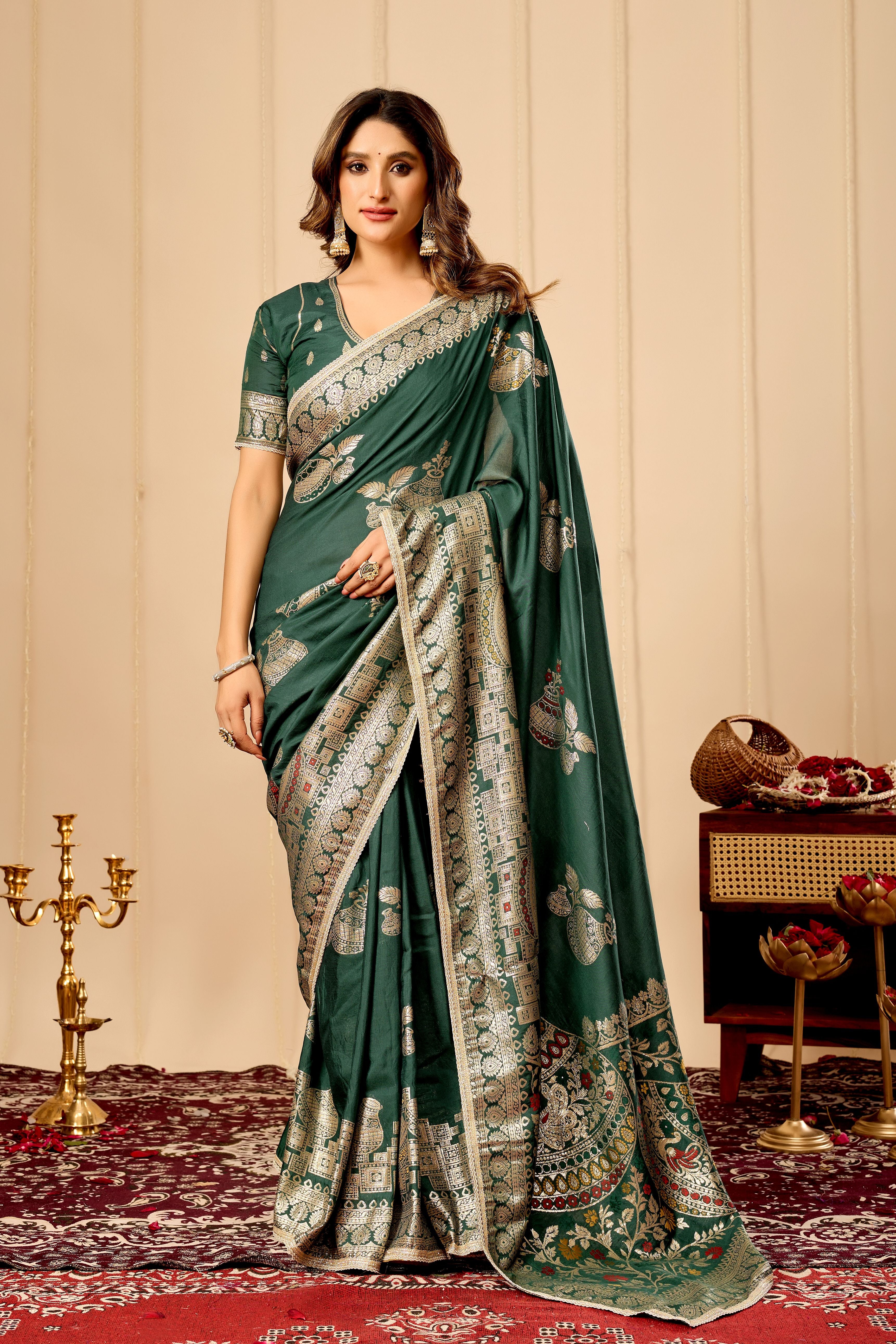 Emerald green satin silk saree for Weddings and Festive Wear