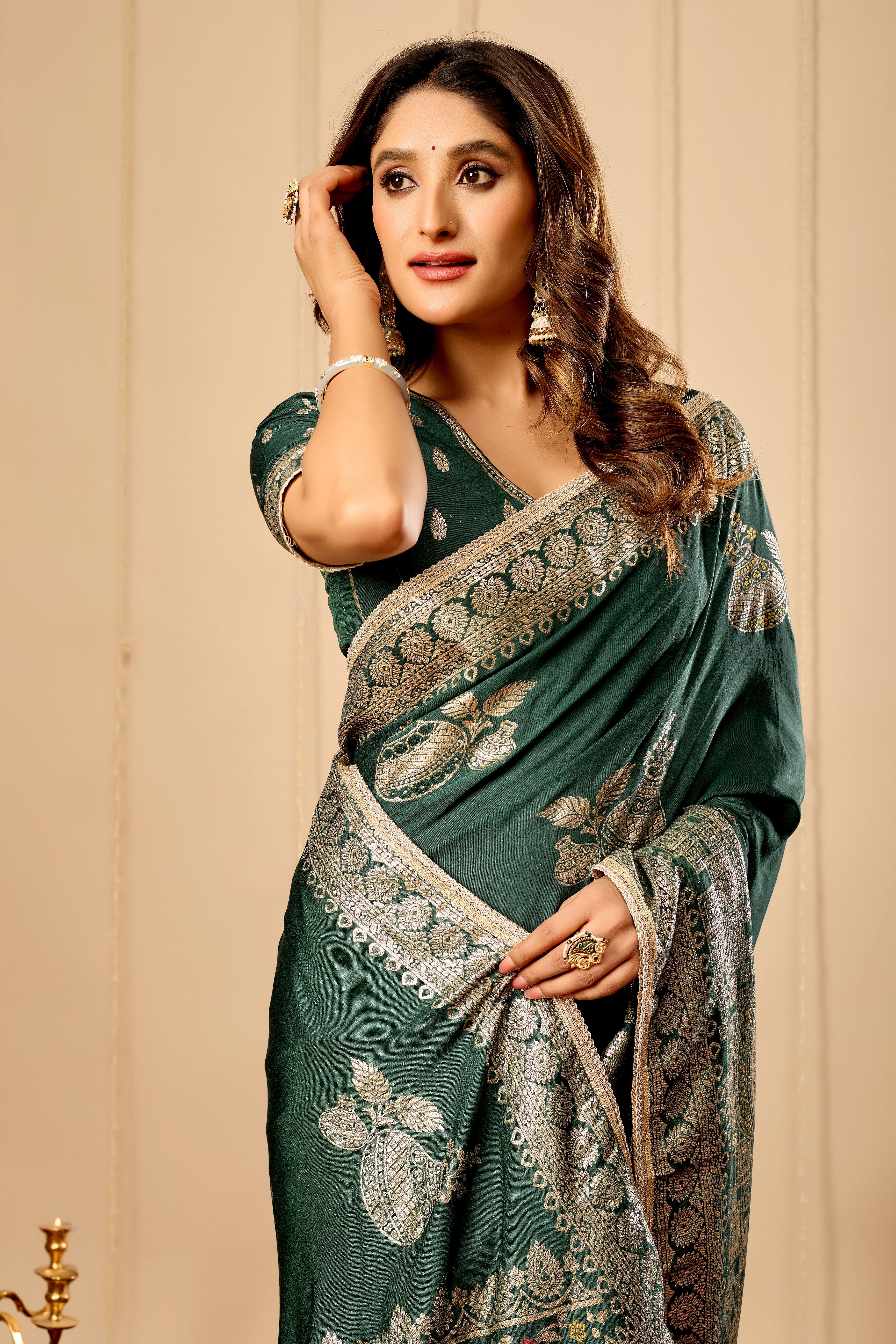 Royal Bottle Green  Silk Saree Featuring Intricate Gold Zari Work, Broad Heritage Border and Luxurious Heavy Pallu for Weddings & Festive Wear