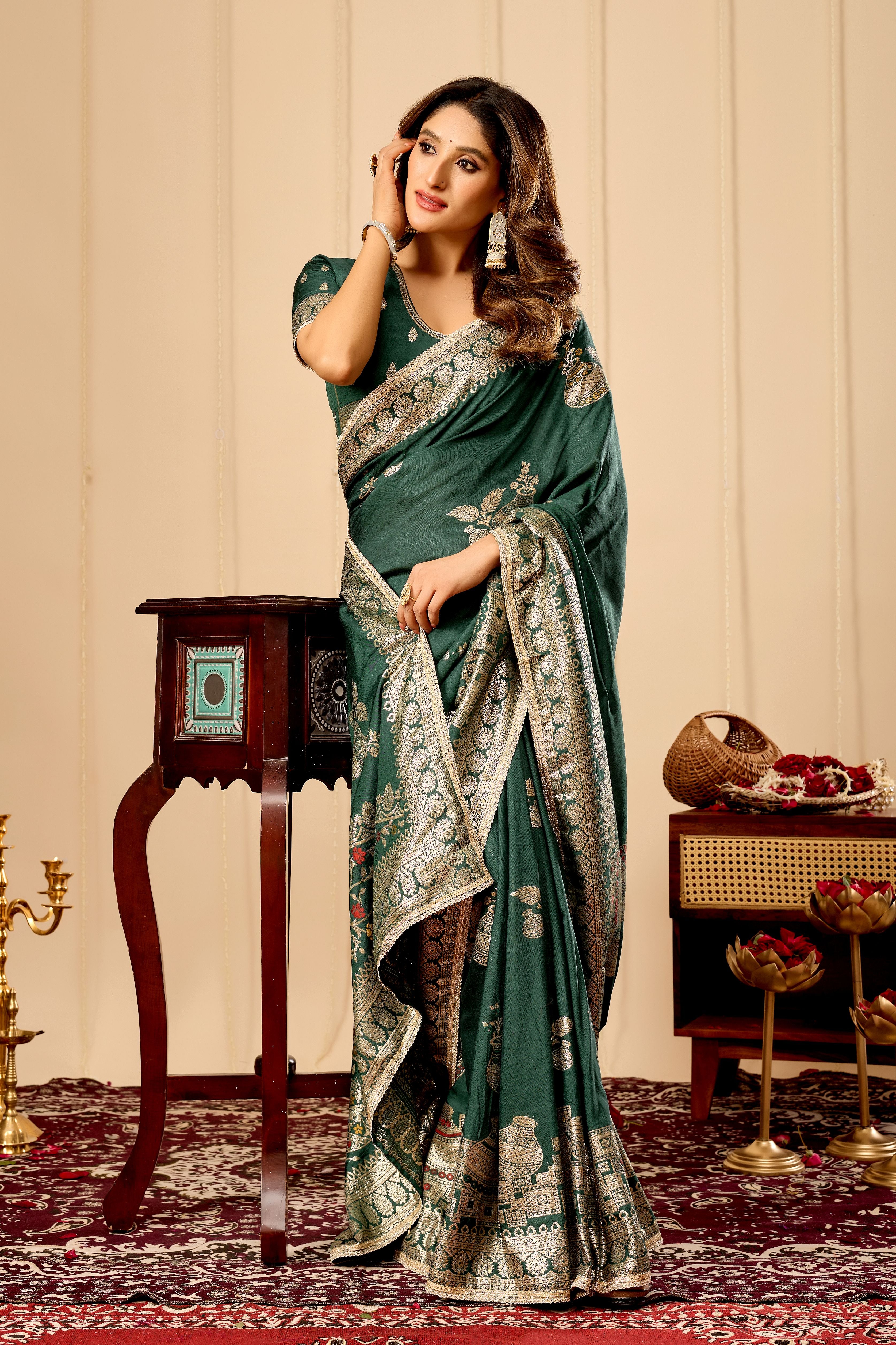 Emerald green satin silk saree for Weddings and Festive Wear