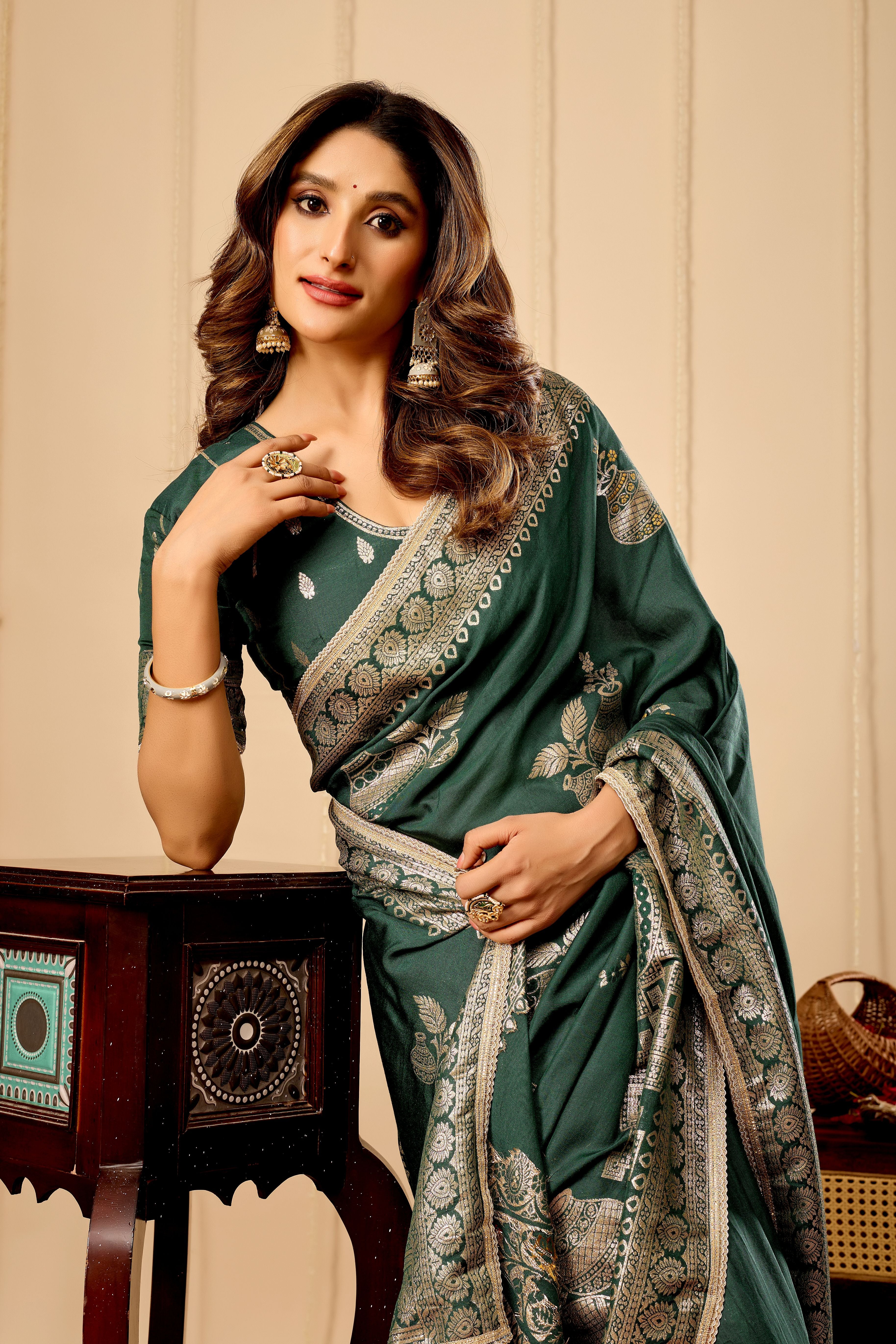Emerald green satin silk saree for Weddings and Festive Wear