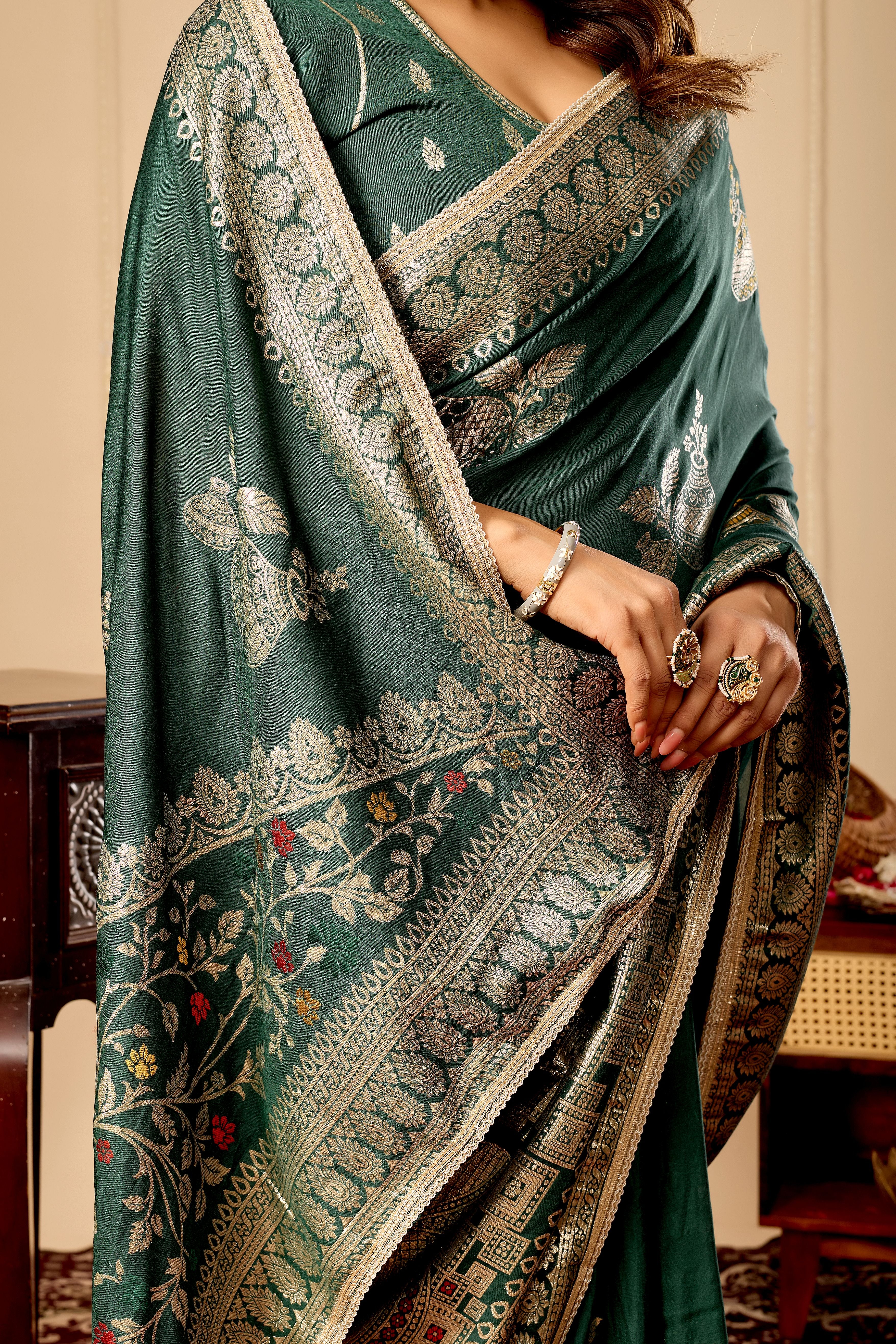 Emerald green satin silk saree for Weddings and Festive Wear