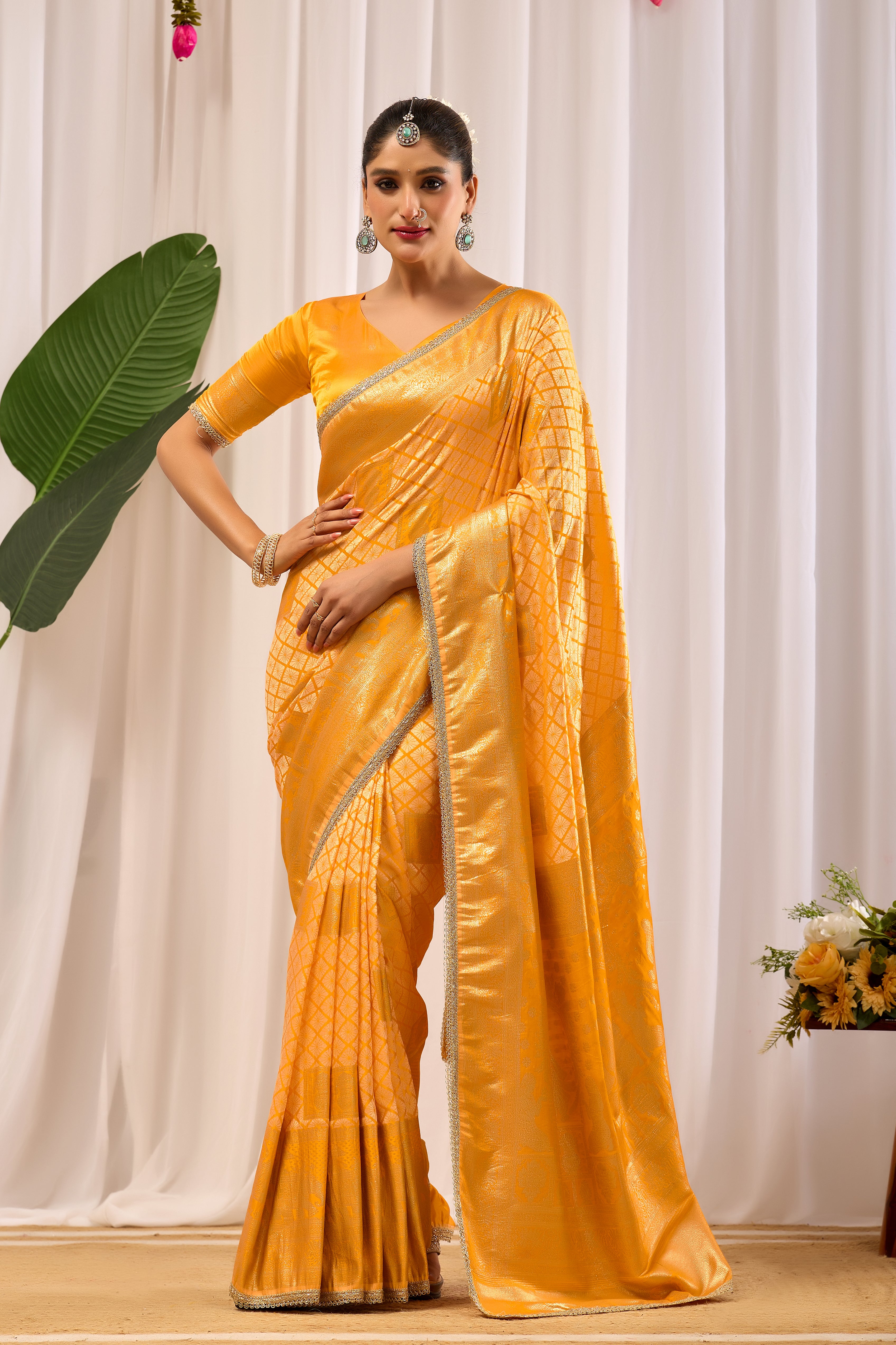 Golden Marigold Satin Silk Saree with Subtle Zari Check Weave