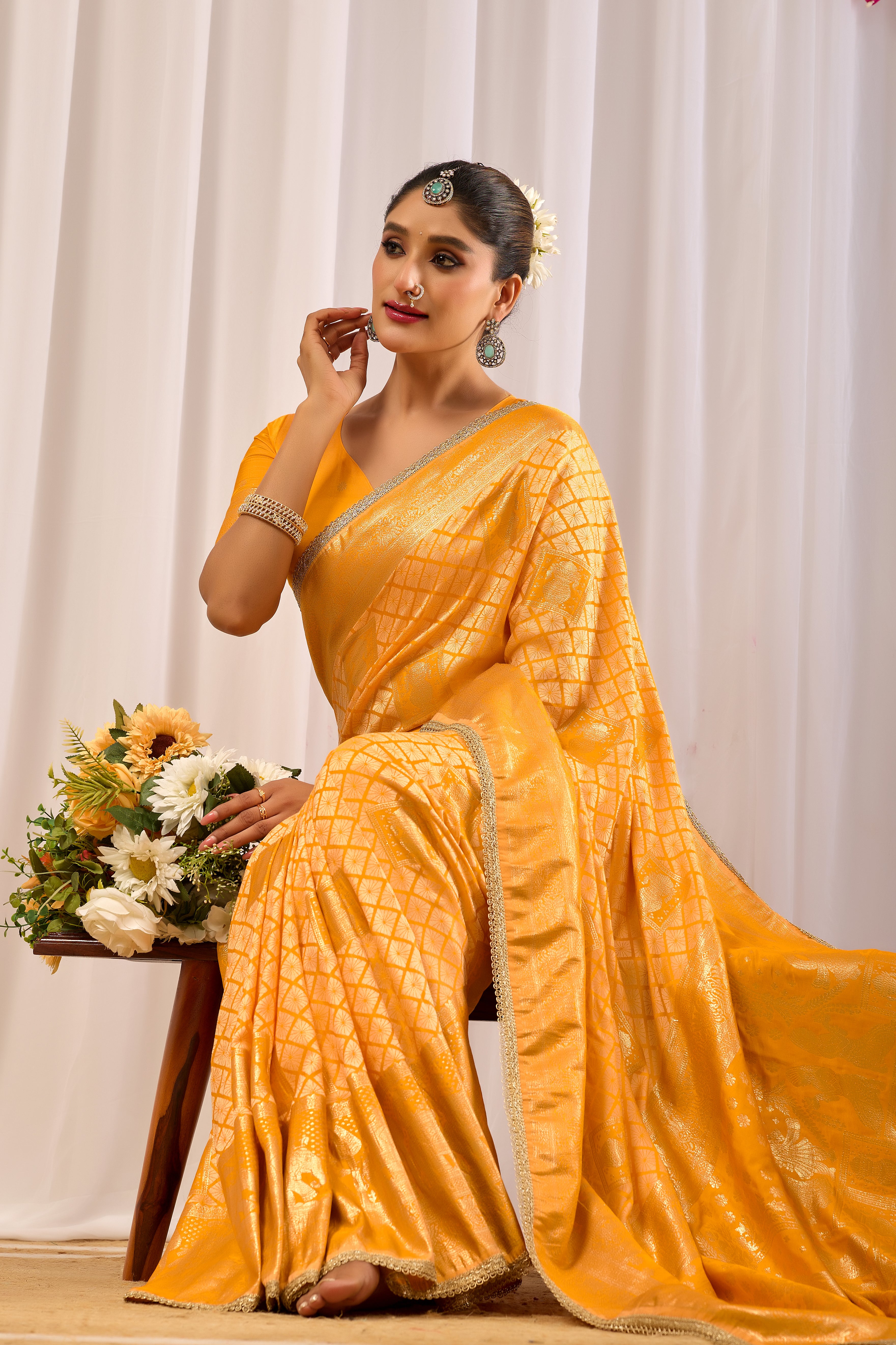 Golden Marigold Satin Silk Saree with Subtle Zari Check Weave