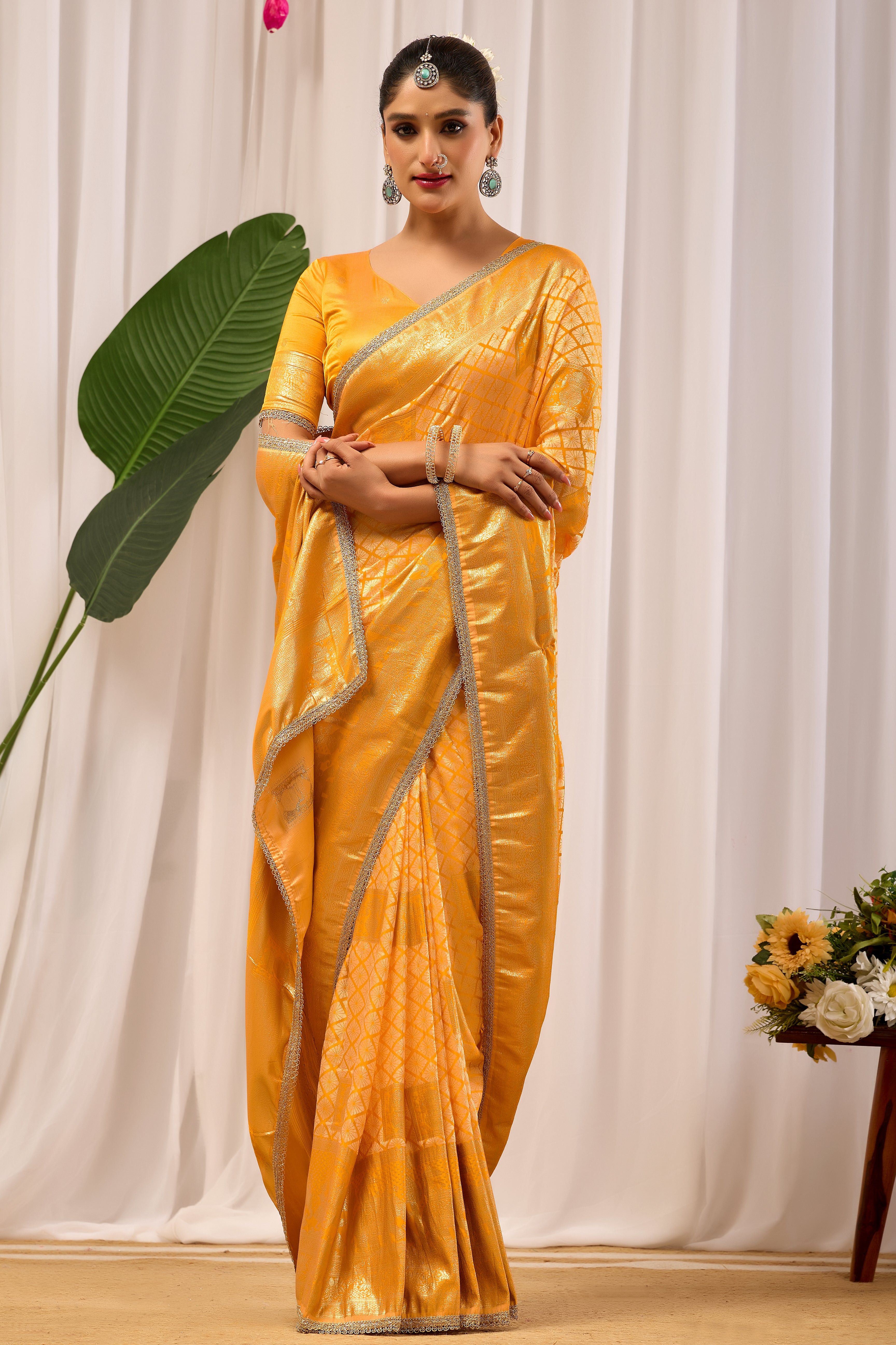 Golden Marigold Satin Silk Saree with Subtle Zari Check Weave