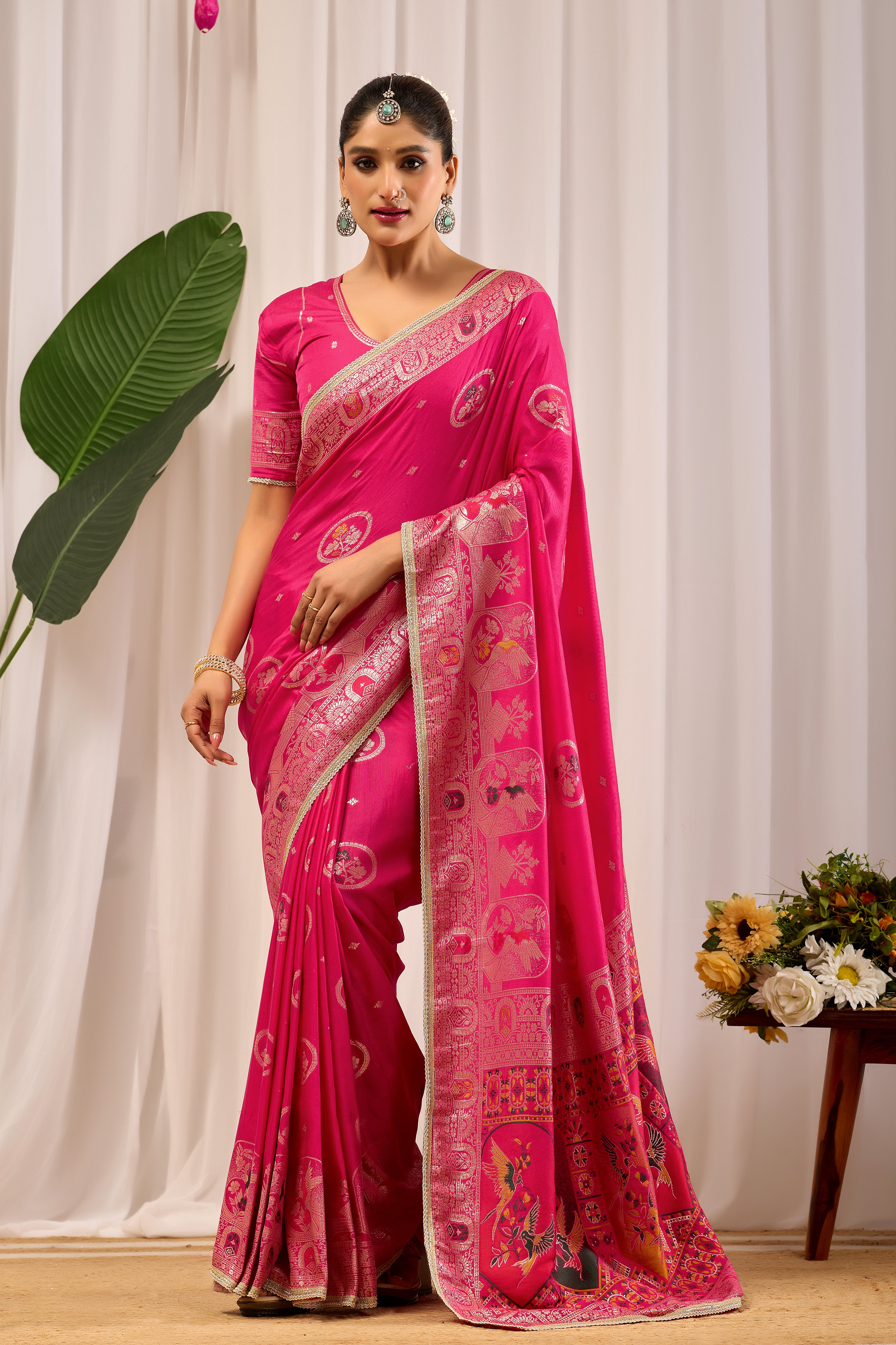 Rani Gulab Pink Satin Silk Saree with Intricate Gold Zari Motifs