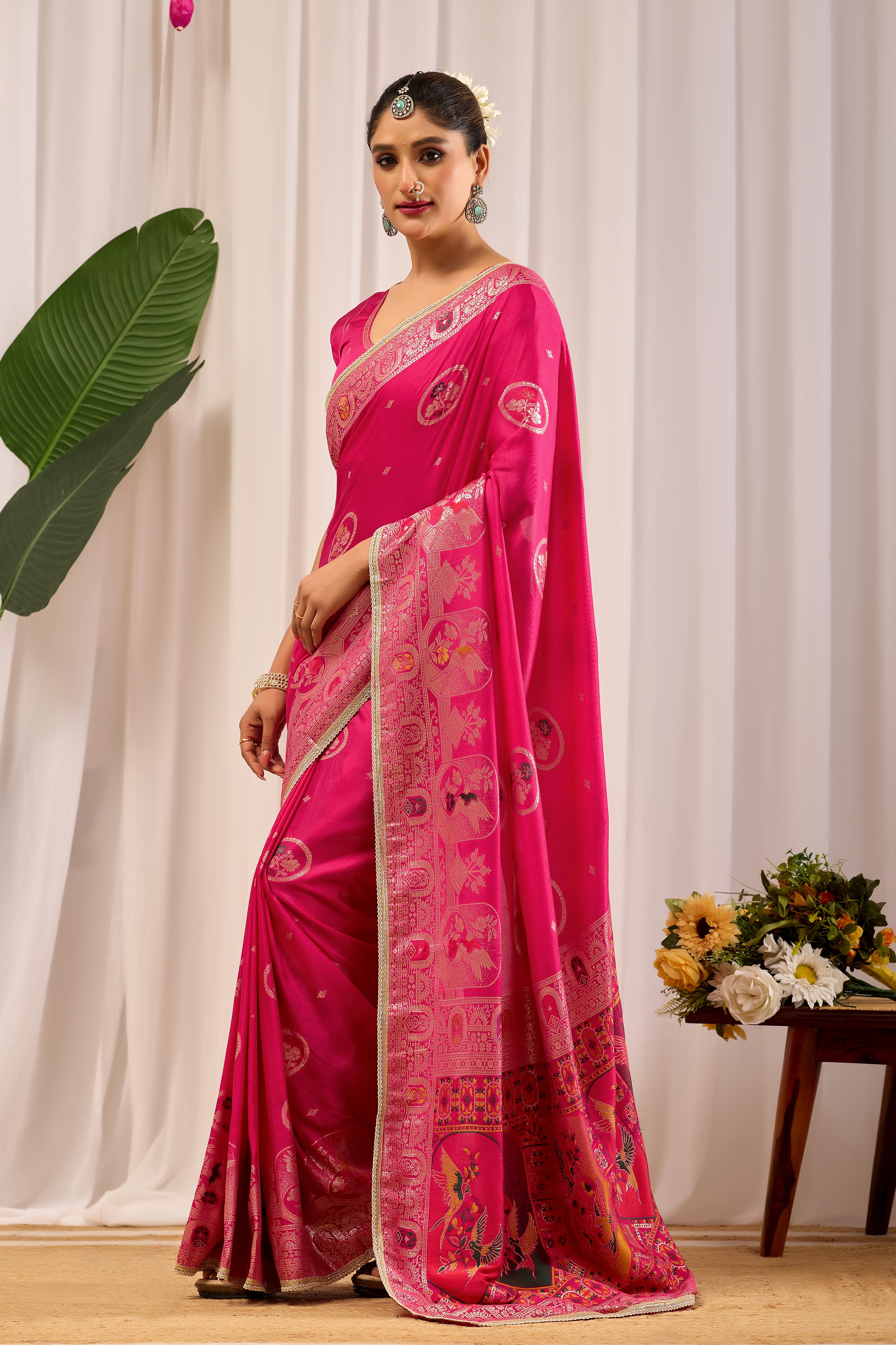 Rani Gulab Pink Satin Silk Saree with Intricate Gold Zari Motifs