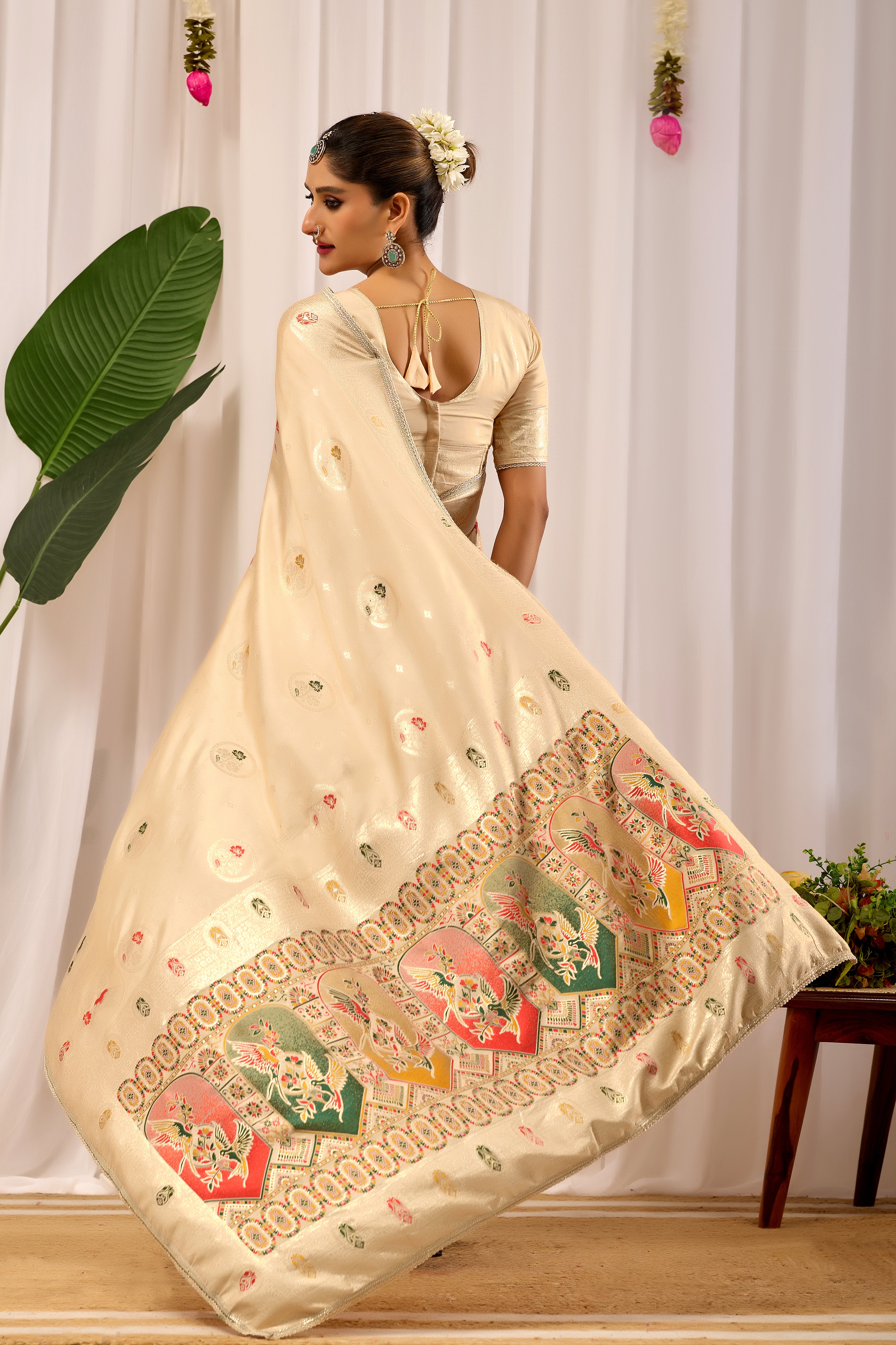 Ivory Sand Satin Silk Saree with Multicolor Heritage Motif Pallu