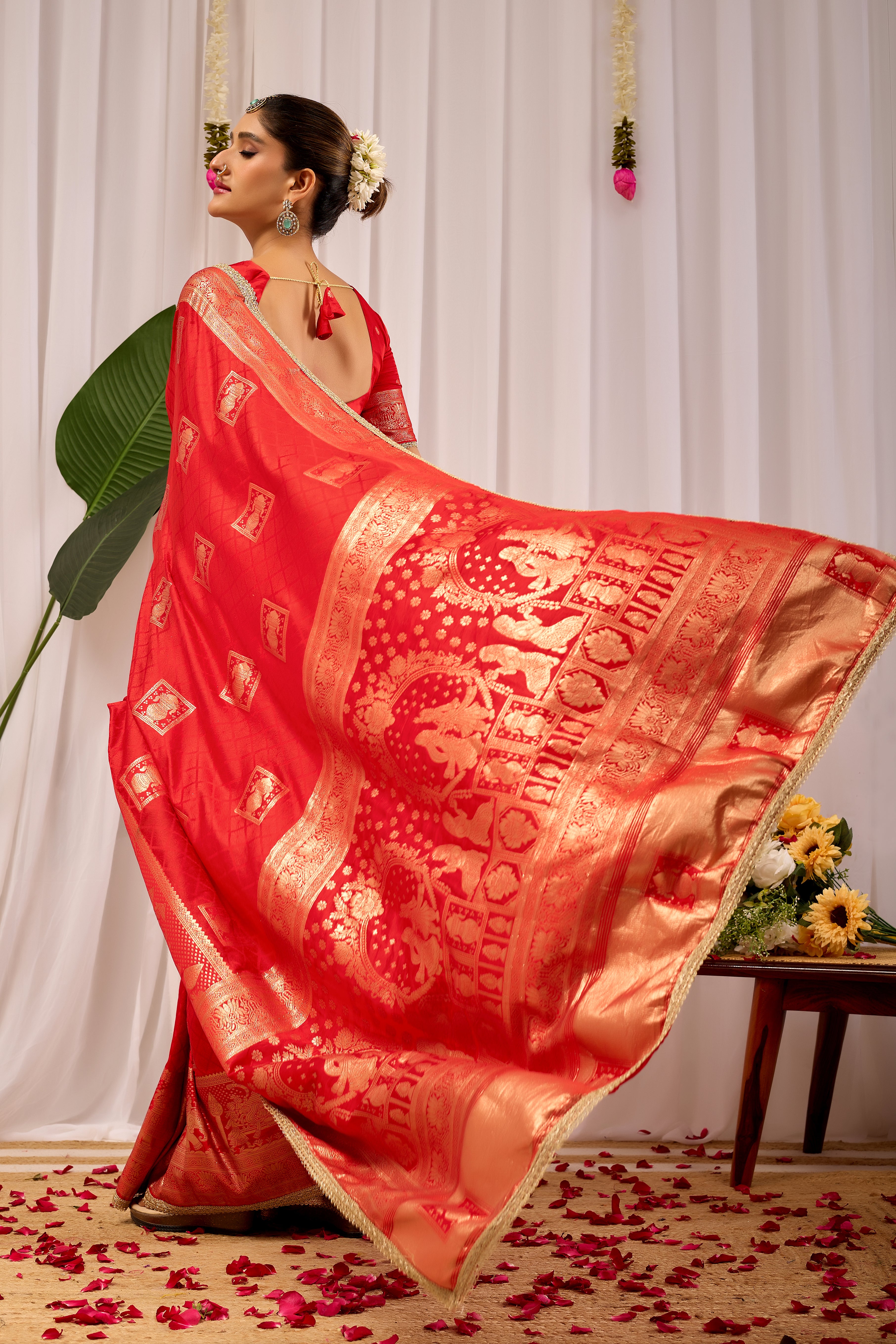 Heritage Charm Sindoor Red Satin Silk Saree with Grand Zari Motifs