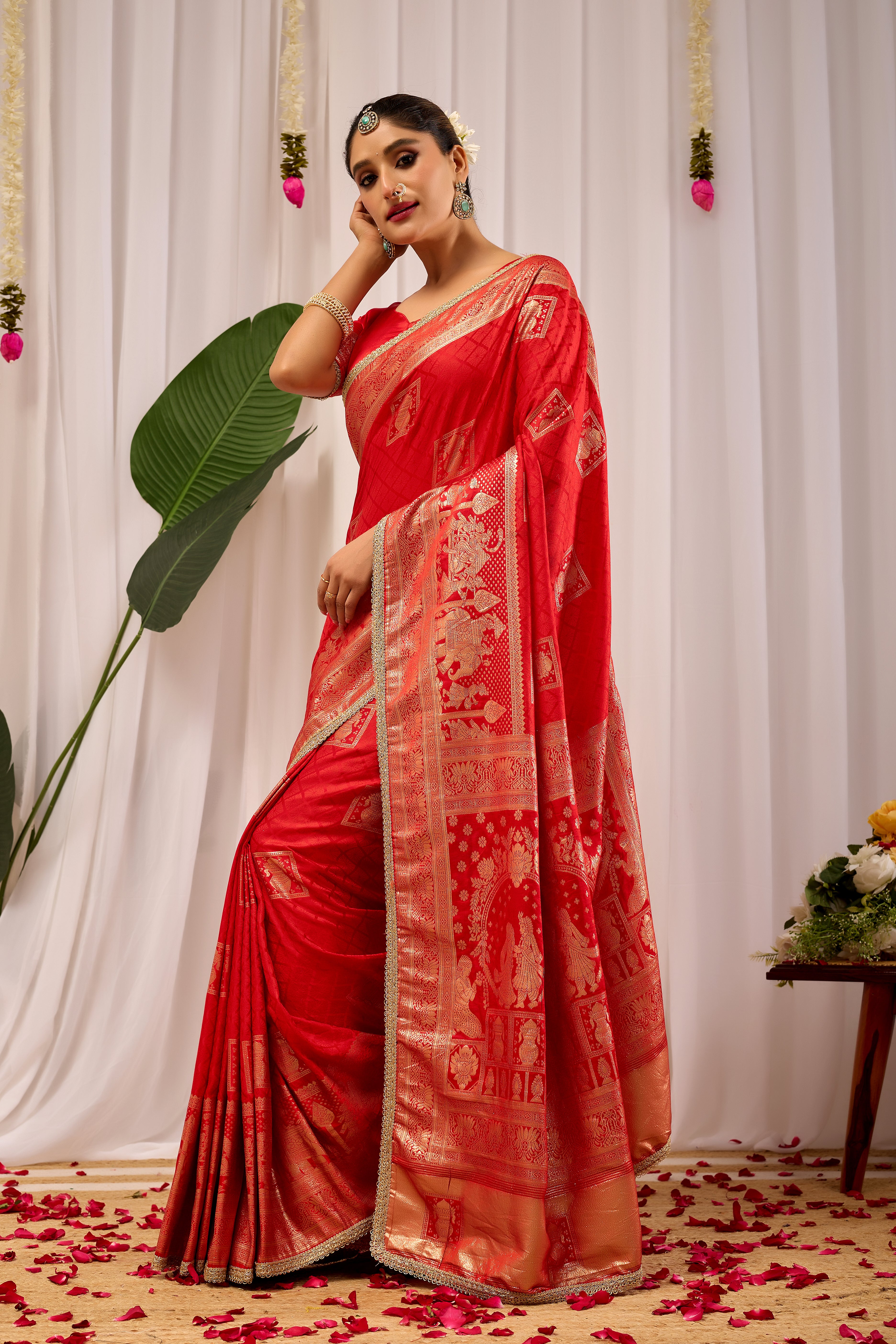 Heritage Charm Sindoor Red Satin Silk Saree with Grand Zari Motifs