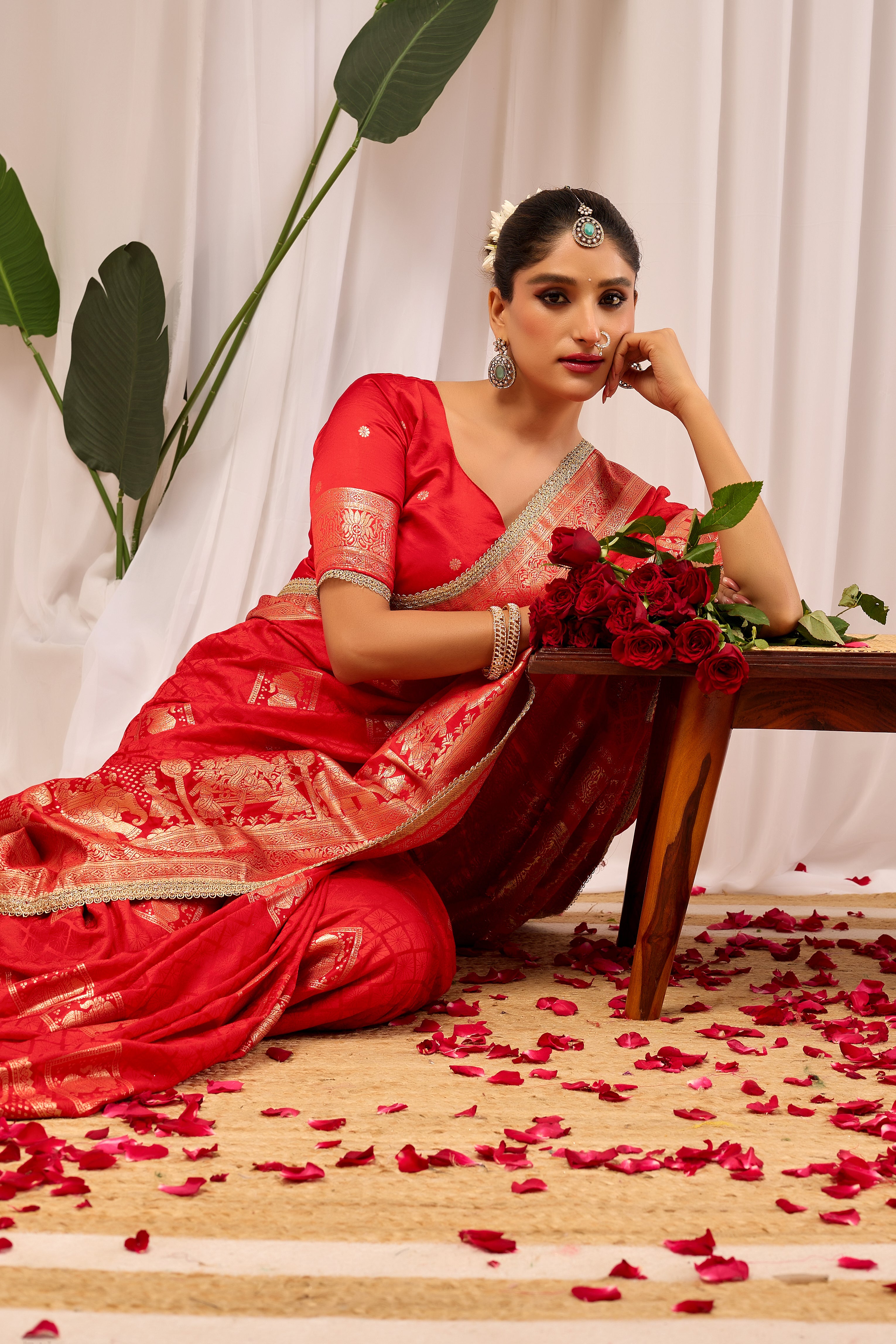 Heritage Charm Sindoor Red Satin Silk Saree with Grand Zari Motifs