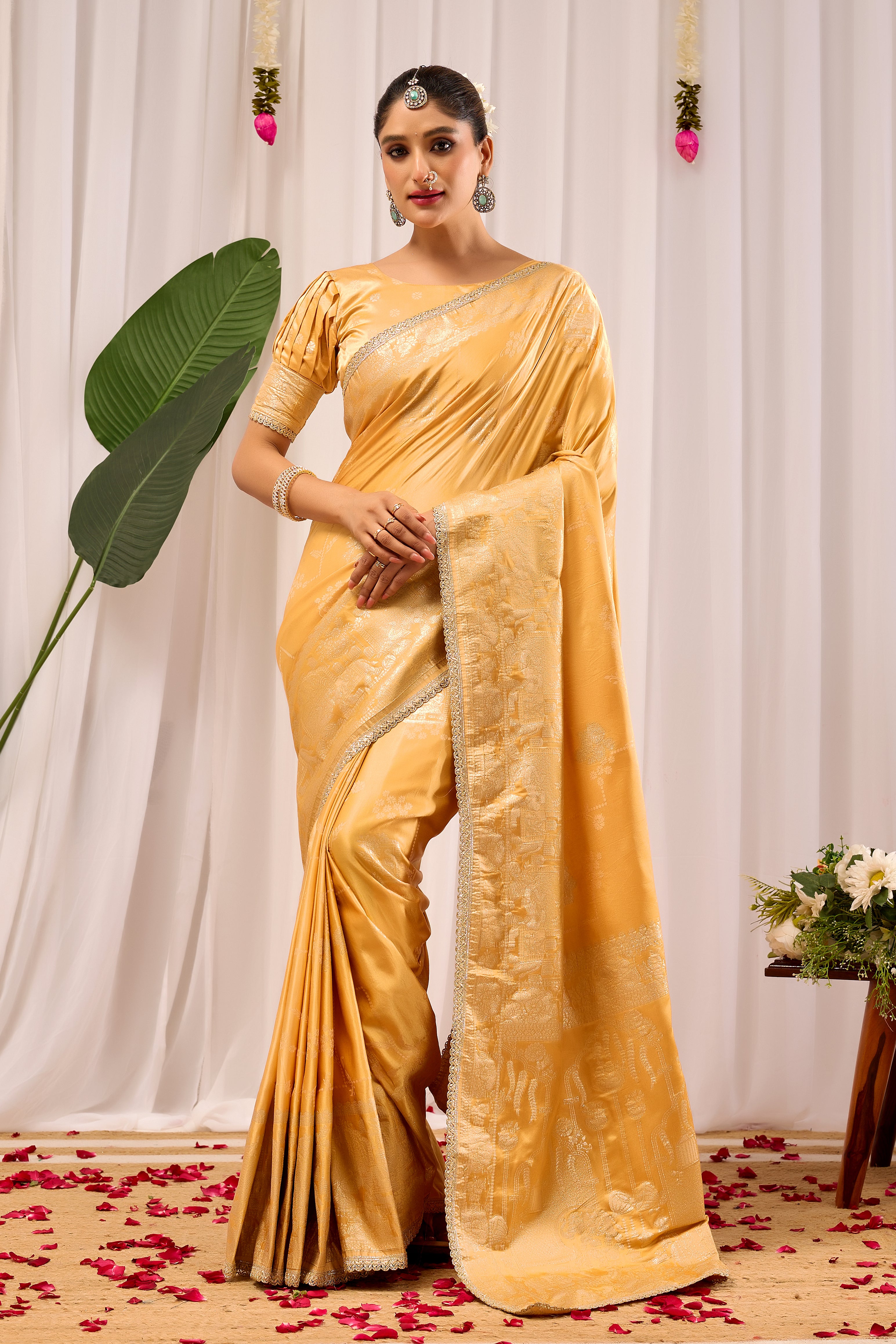 Golden Amber Heritage Satin Silk Saree with Subtle Zari Elegance