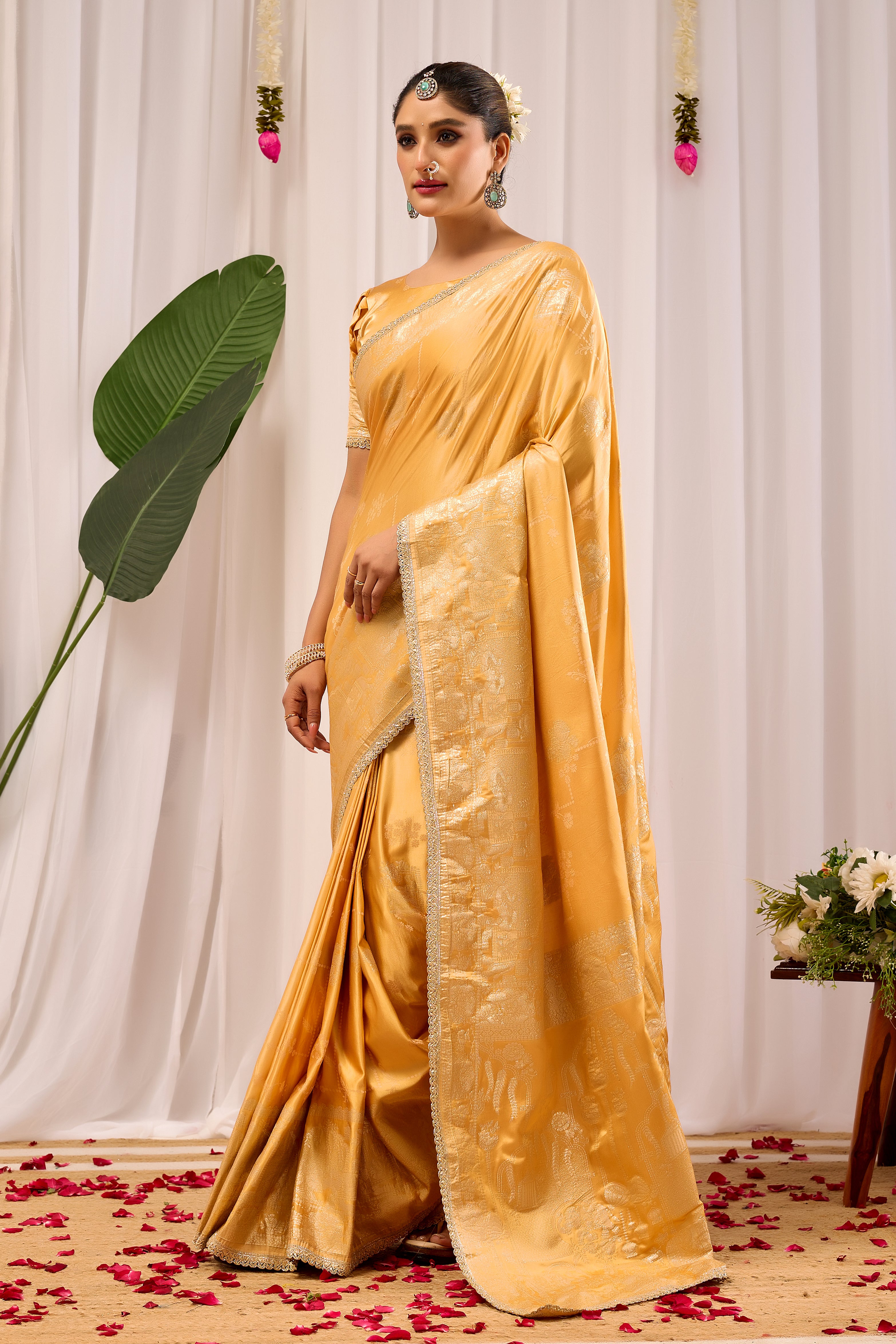Golden Amber Heritage Satin Silk Saree with Subtle Zari Elegance