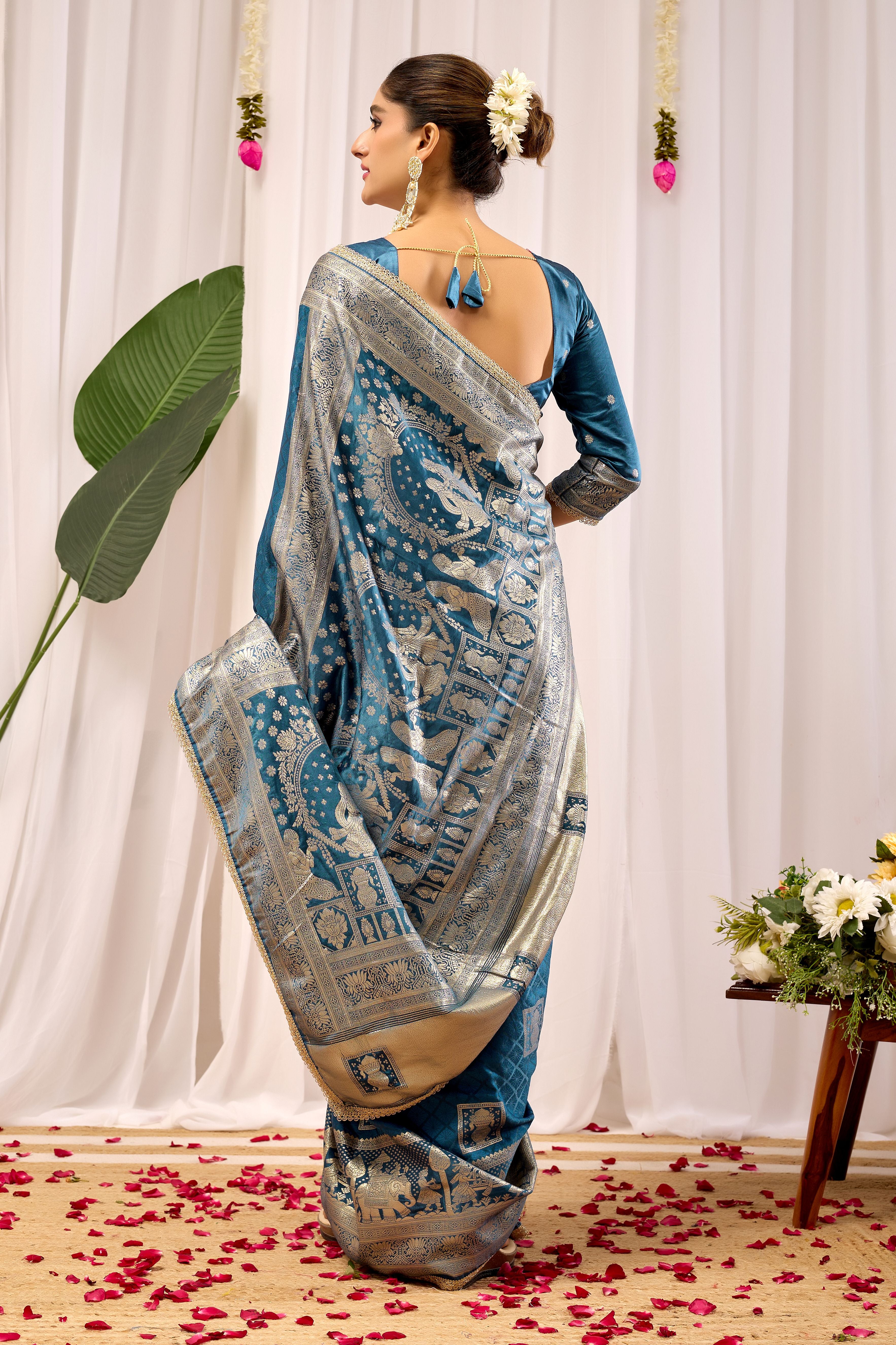 Teal Blue Soft Silk Saree with Intricate Woven Motifs, Rich Zari Border and Designer Traditional Pallu