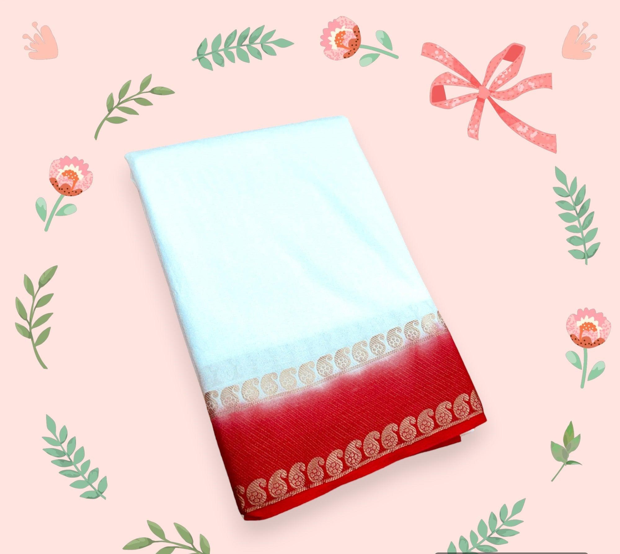 EXCLUSIVE  WHITE AND RED BORDER SOFT SILK SAREES