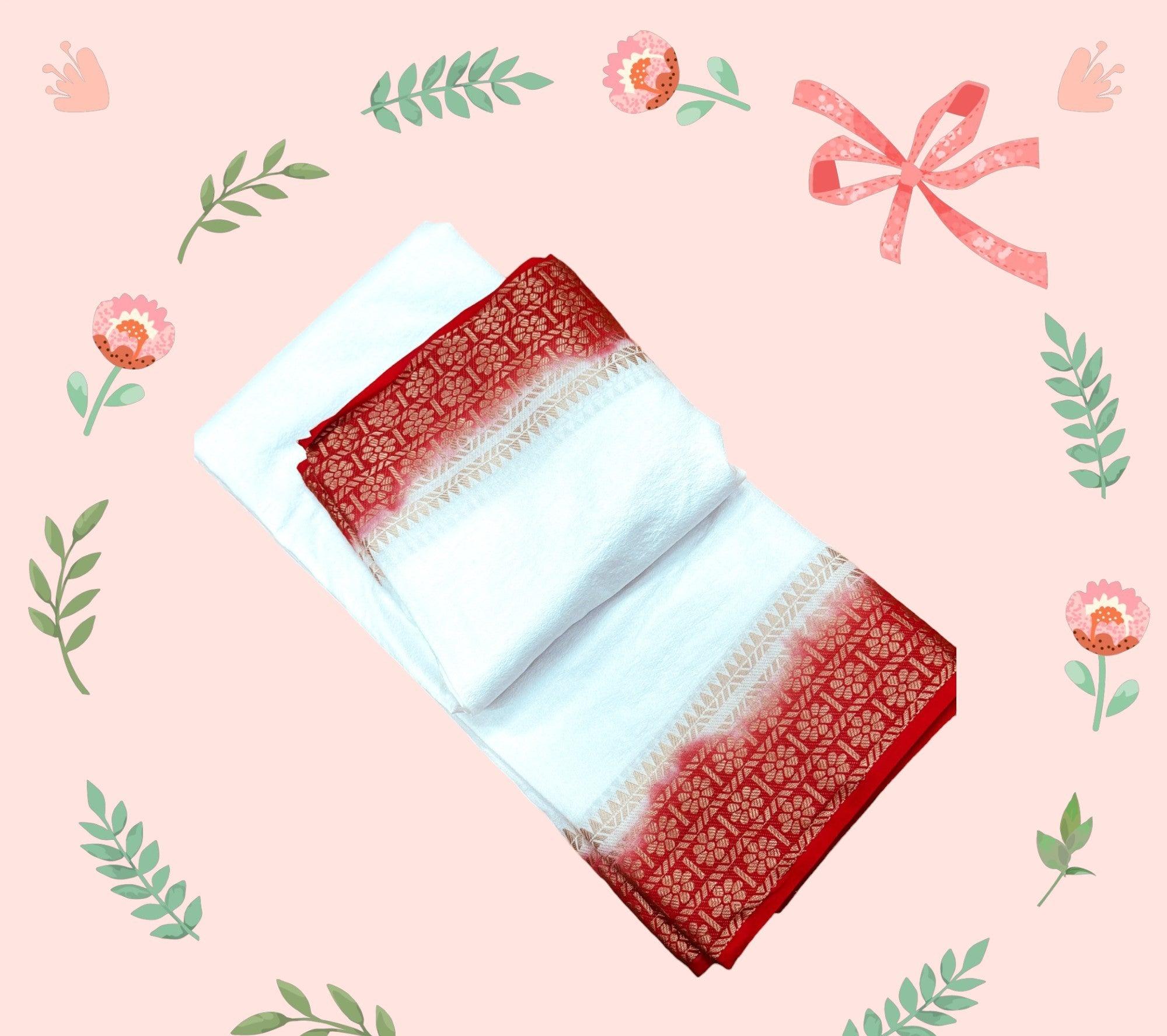 EXCLUSIVE  WHITE AND RED BORDER SOFT SILK SAREES