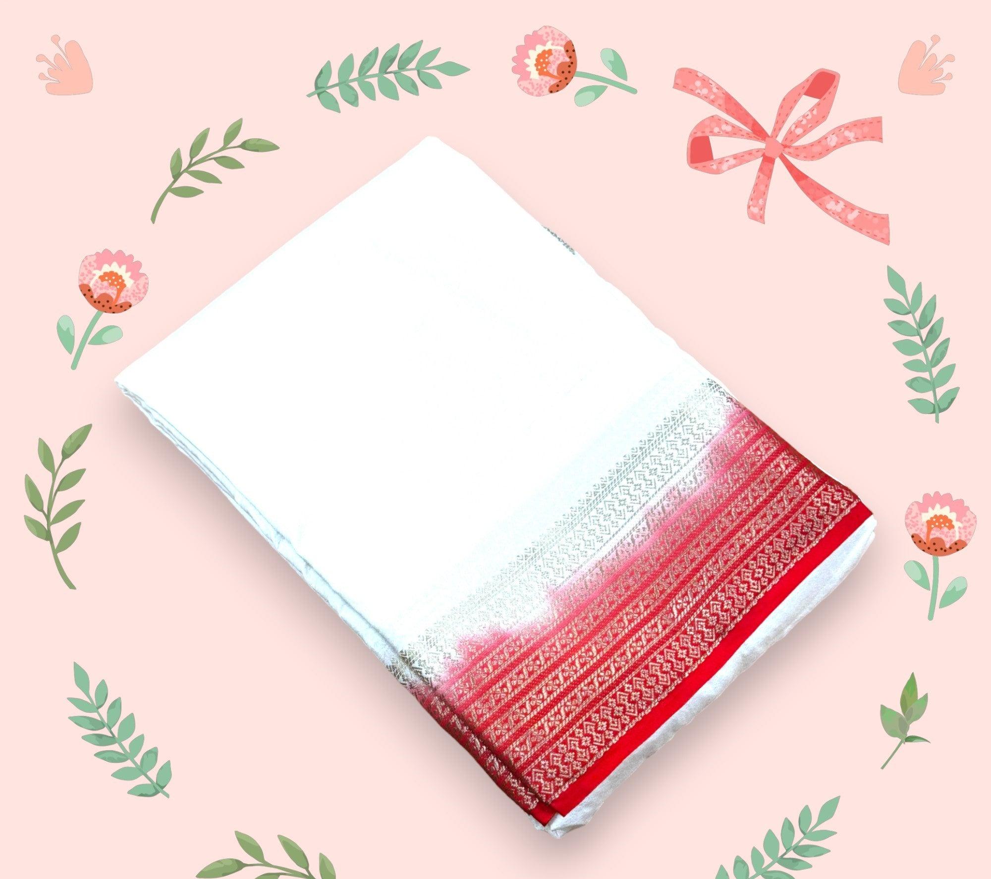 EXCLUSIVE  WHITE AND RED BORDER SOFT SILK SAREES