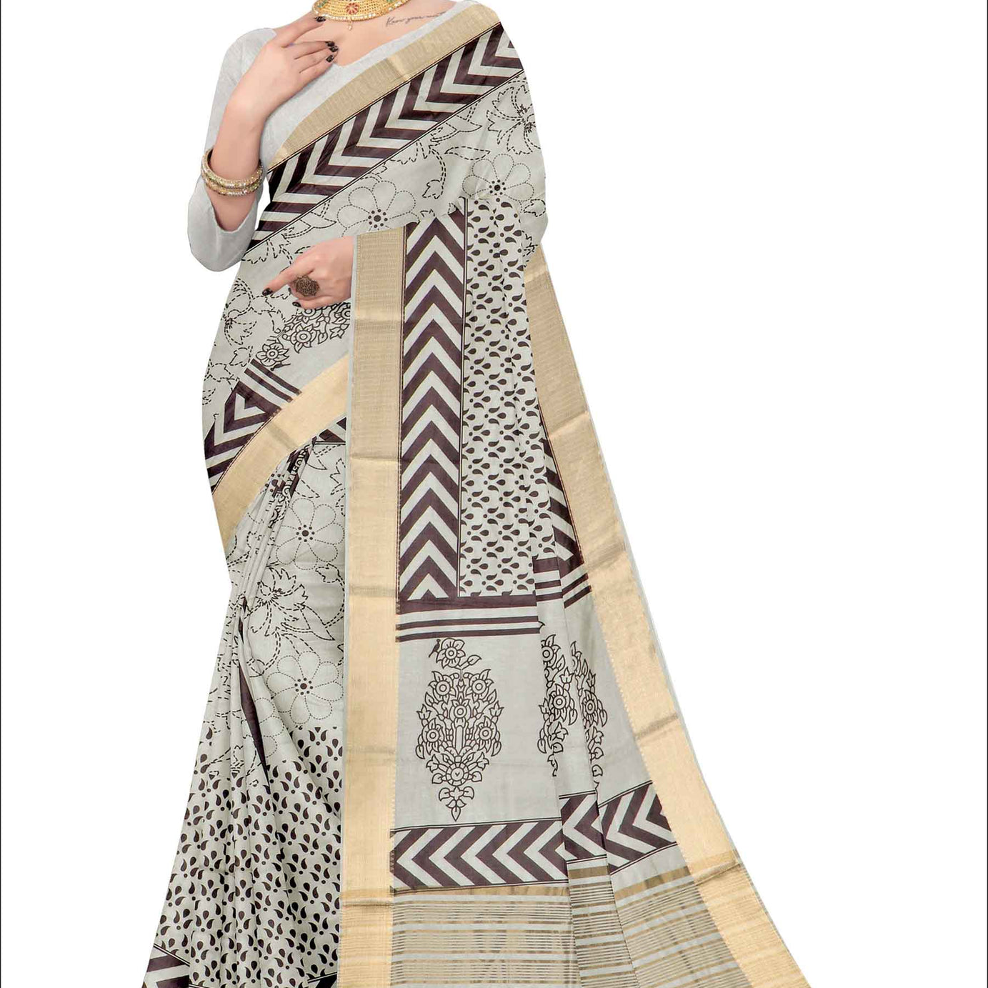 hand printed all over saree with zari border