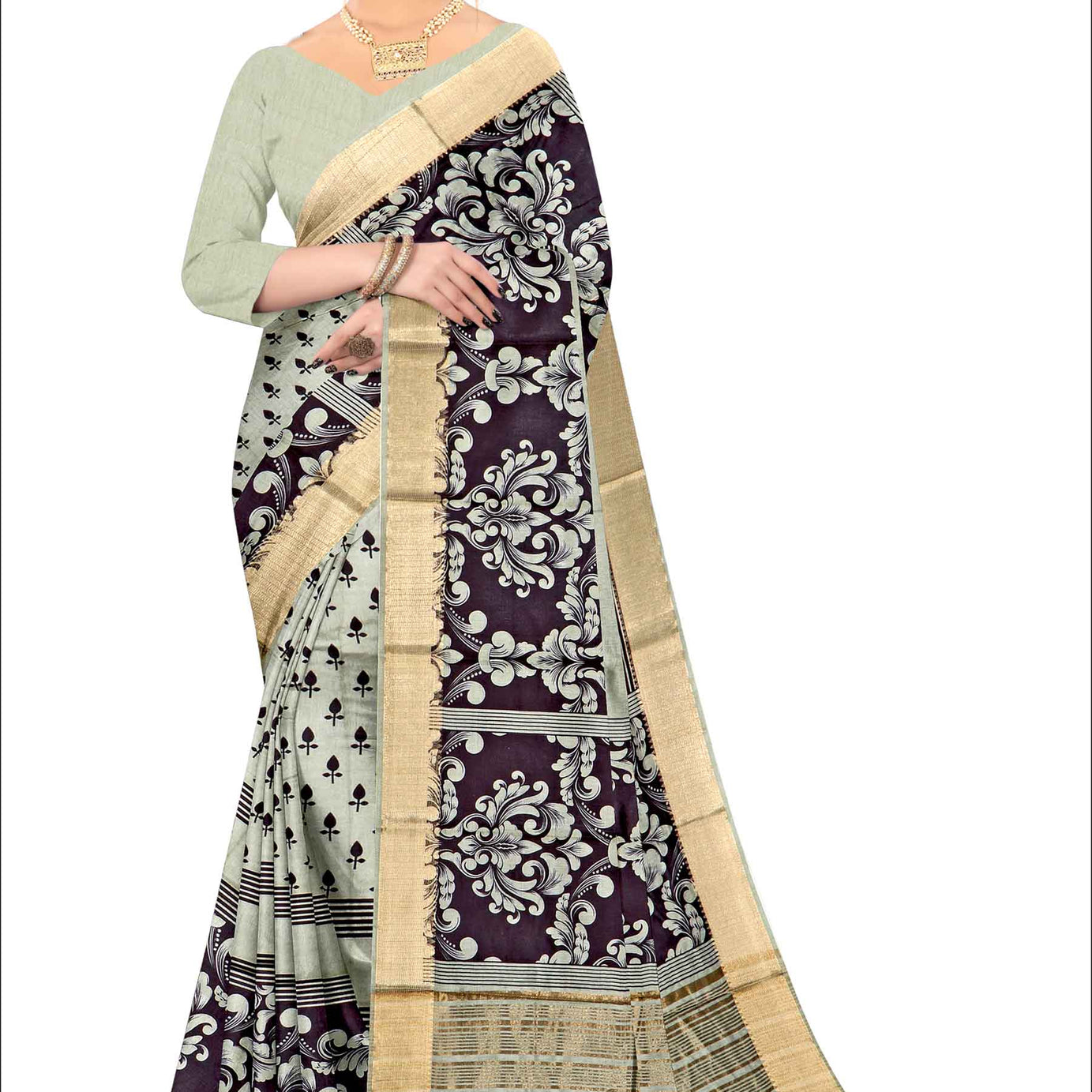 hand printed all over saree with zari border