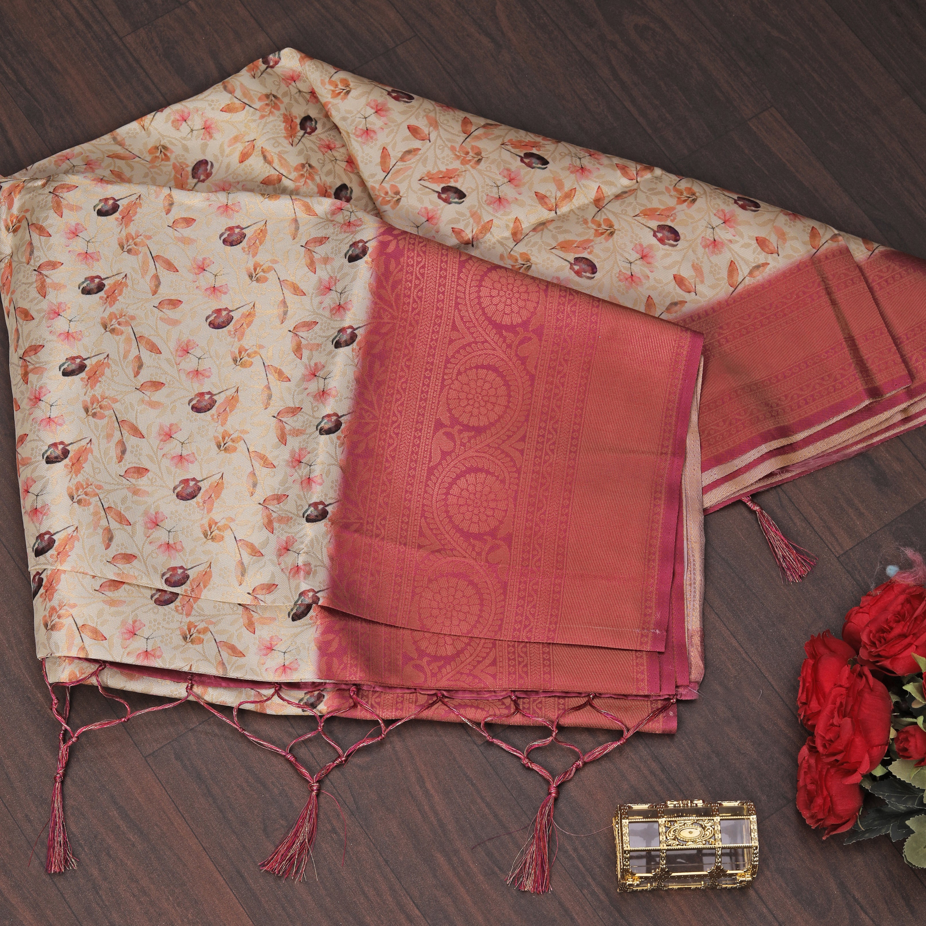 Digital soft silk printed saree in Tamoto red