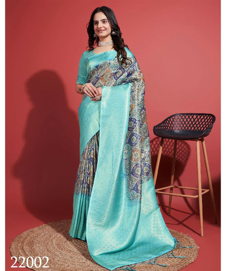 Contemporary Charm: Digital Printed Soft Silk Sarees in Pastel Blue