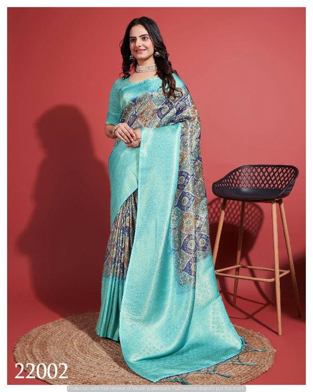 Contemporary Charm: Digital Printed Soft Silk Sarees in Pastel Blue