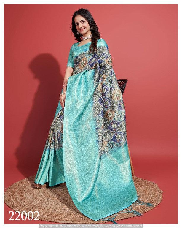 Contemporary Charm: Digital Printed Soft Silk Sarees in Pastel Blue