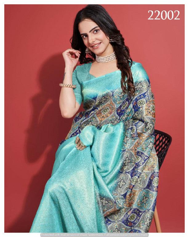 Contemporary Charm: Digital Printed Soft Silk Sarees in Pastel Blue