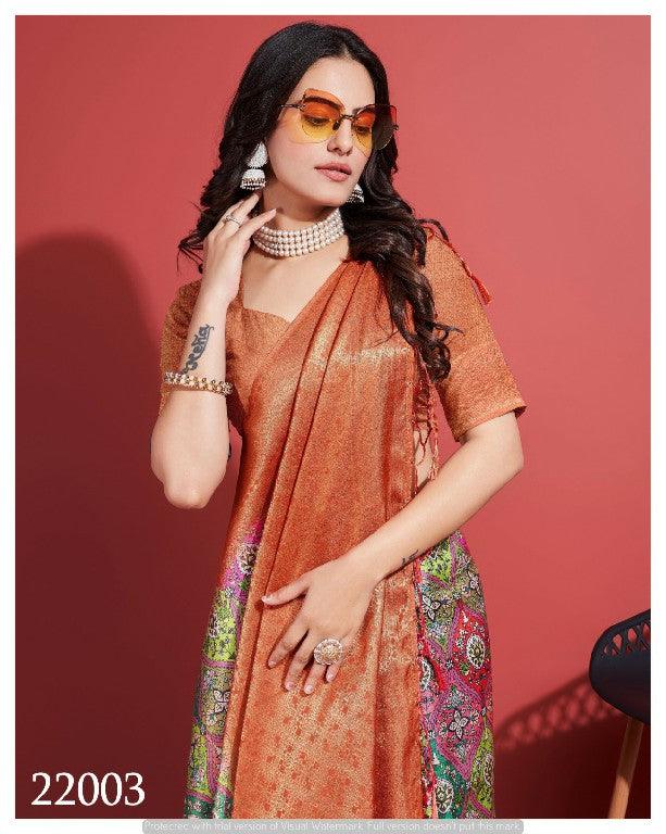 Contemporary Charm: Digital Printed Soft Silk Sarees in Orange