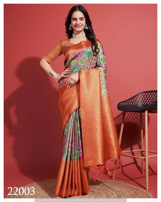 Contemporary Charm: Digital Printed Soft Silk Sarees in Orange