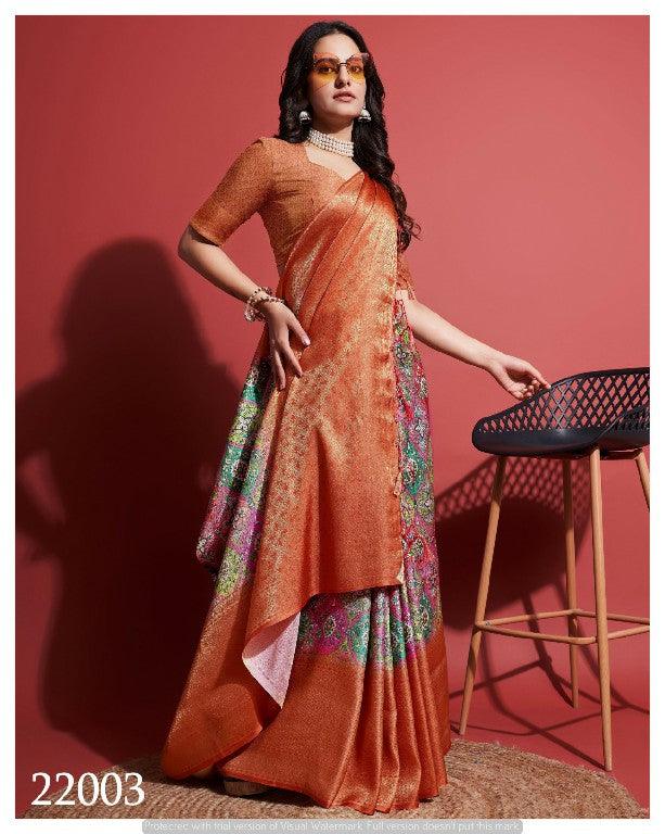 Contemporary Charm: Digital Printed Soft Silk Sarees in Orange