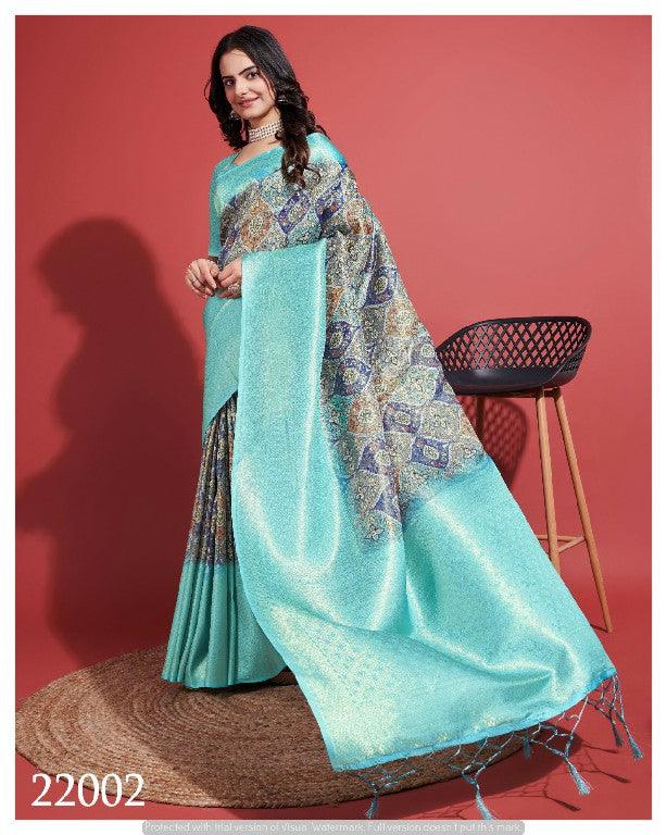 Contemporary Charm: Digital Printed Soft Silk Sarees in Pastel Blue